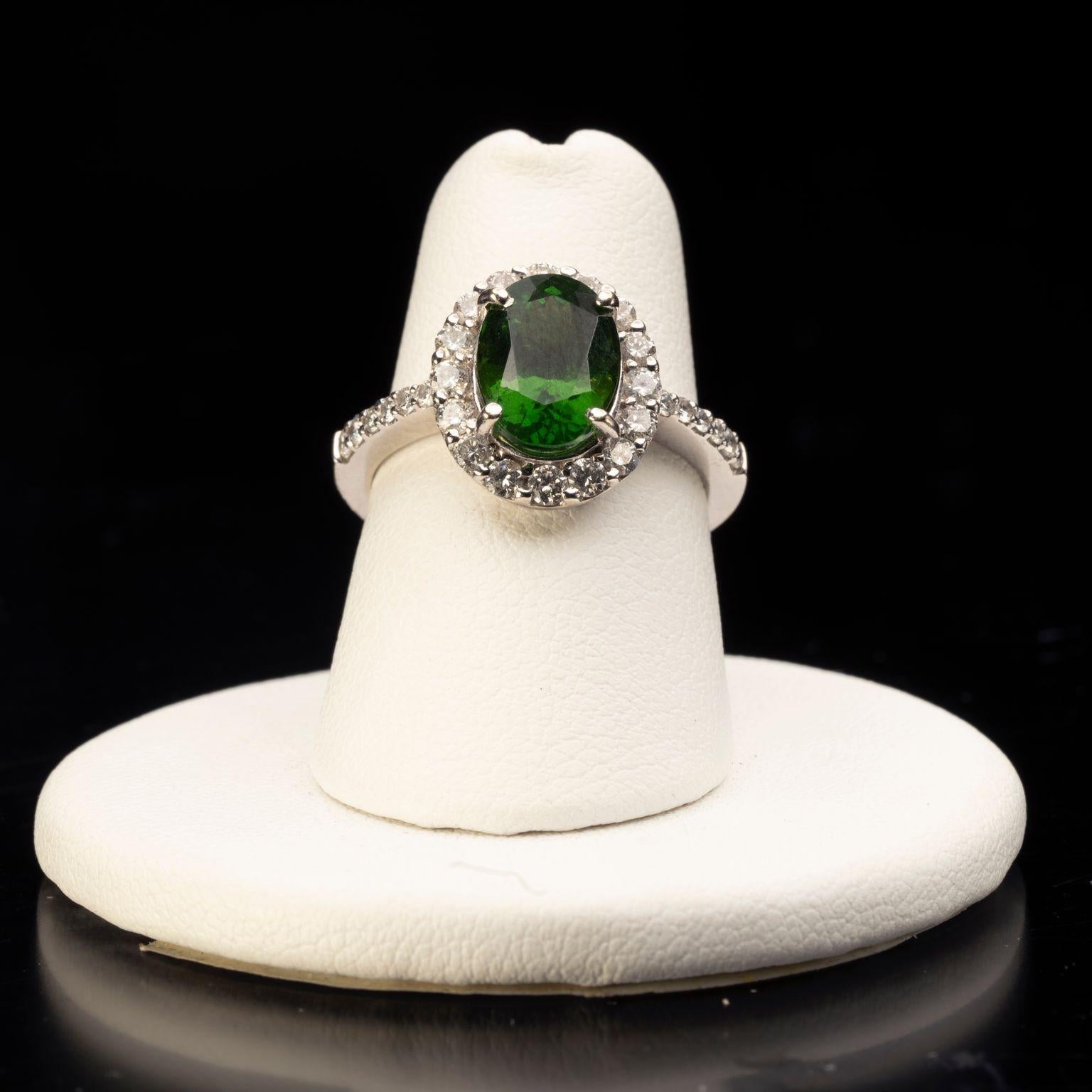 Women's Oval Cut Chrome Tourmaline with White Diamonds 14 Karat White Gold Ring For Sale