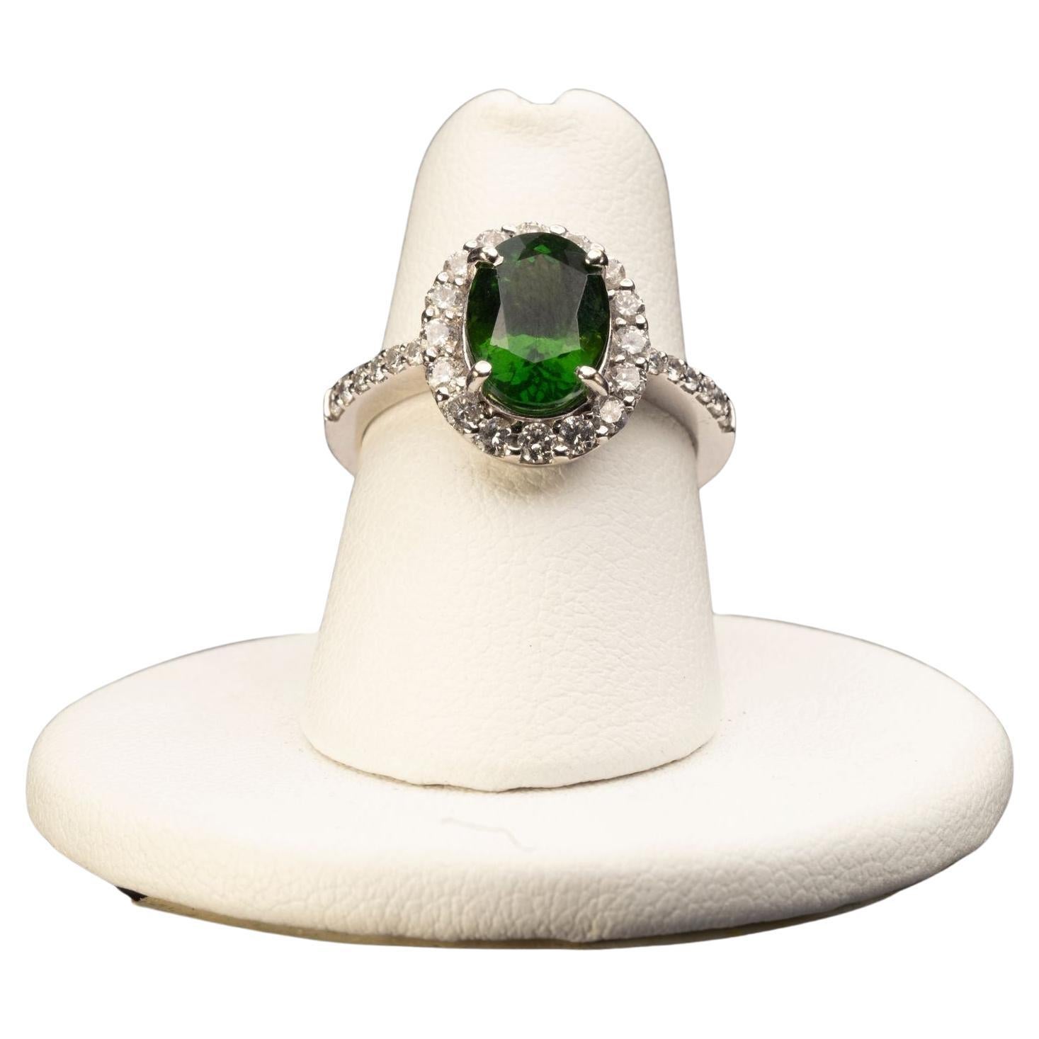 Oval Cut Chrome Tourmaline with White Diamonds 14 Karat White Gold Ring For Sale