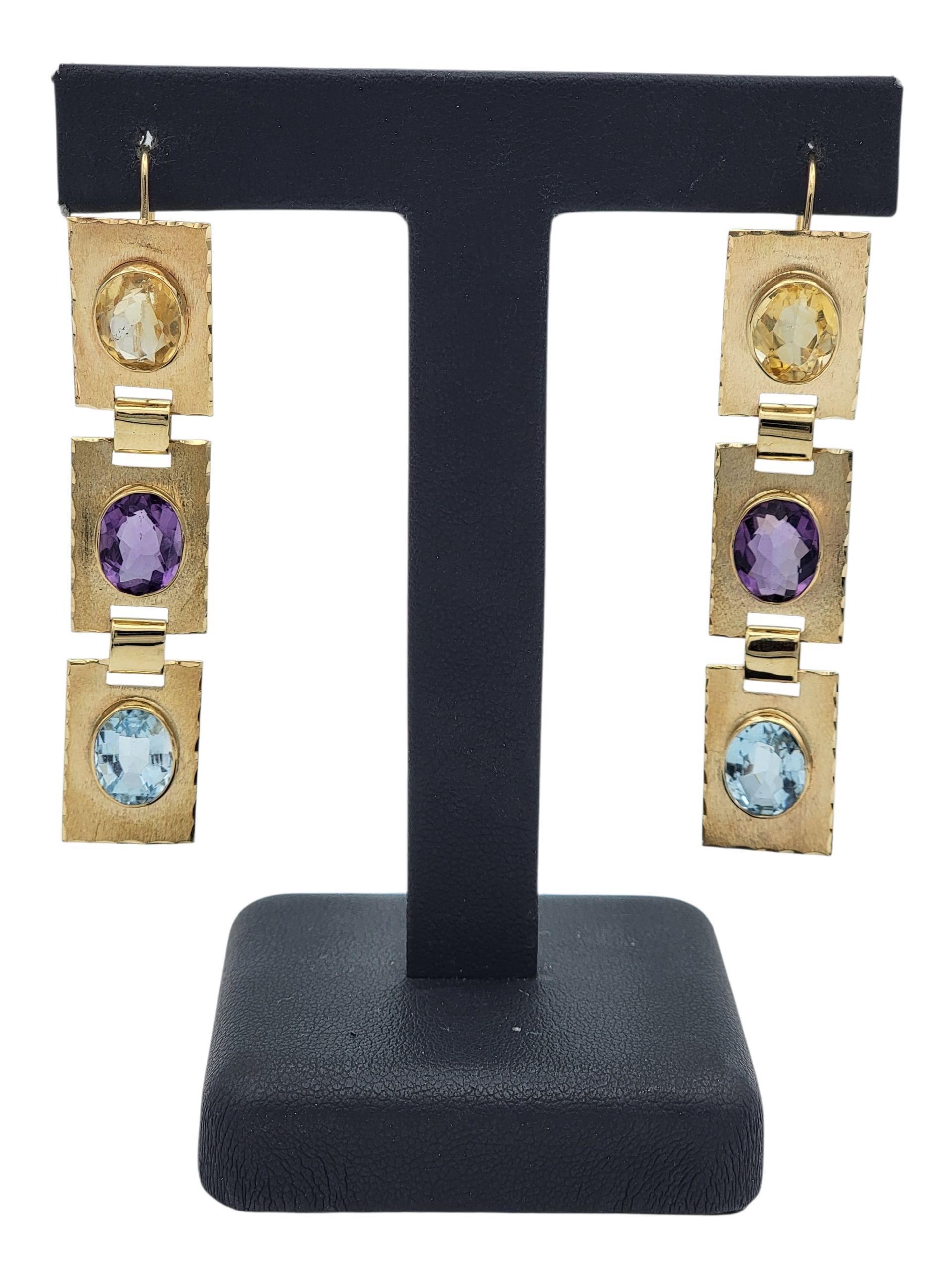 Citrin, Amethyst und Aquamarin im Ovalschliff, Ohrringe aus 14 Karat Gelbgold im Angebot 2