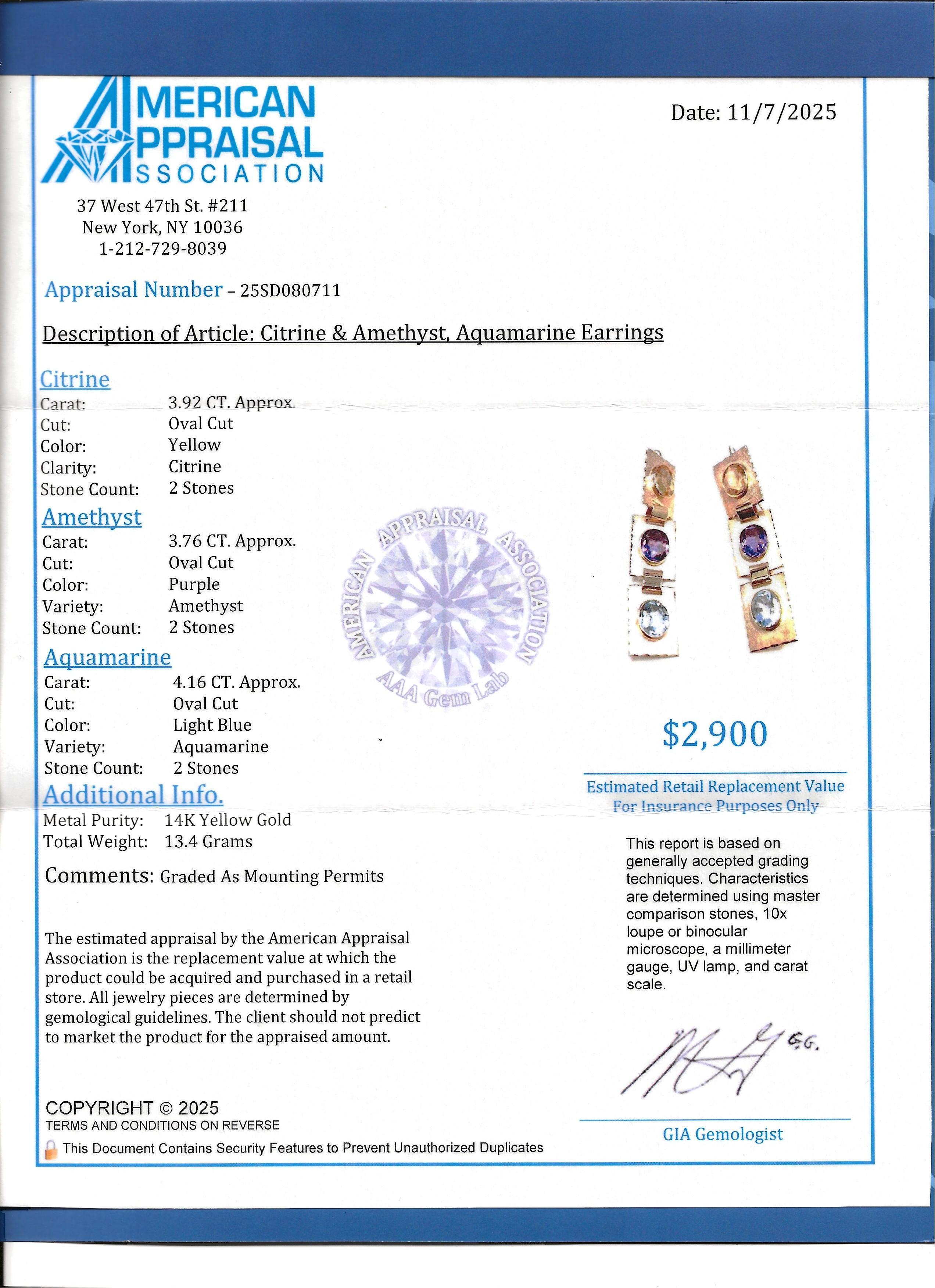 Citrin, Amethyst und Aquamarin im Ovalschliff, Ohrringe aus 14 Karat Gelbgold im Angebot 3