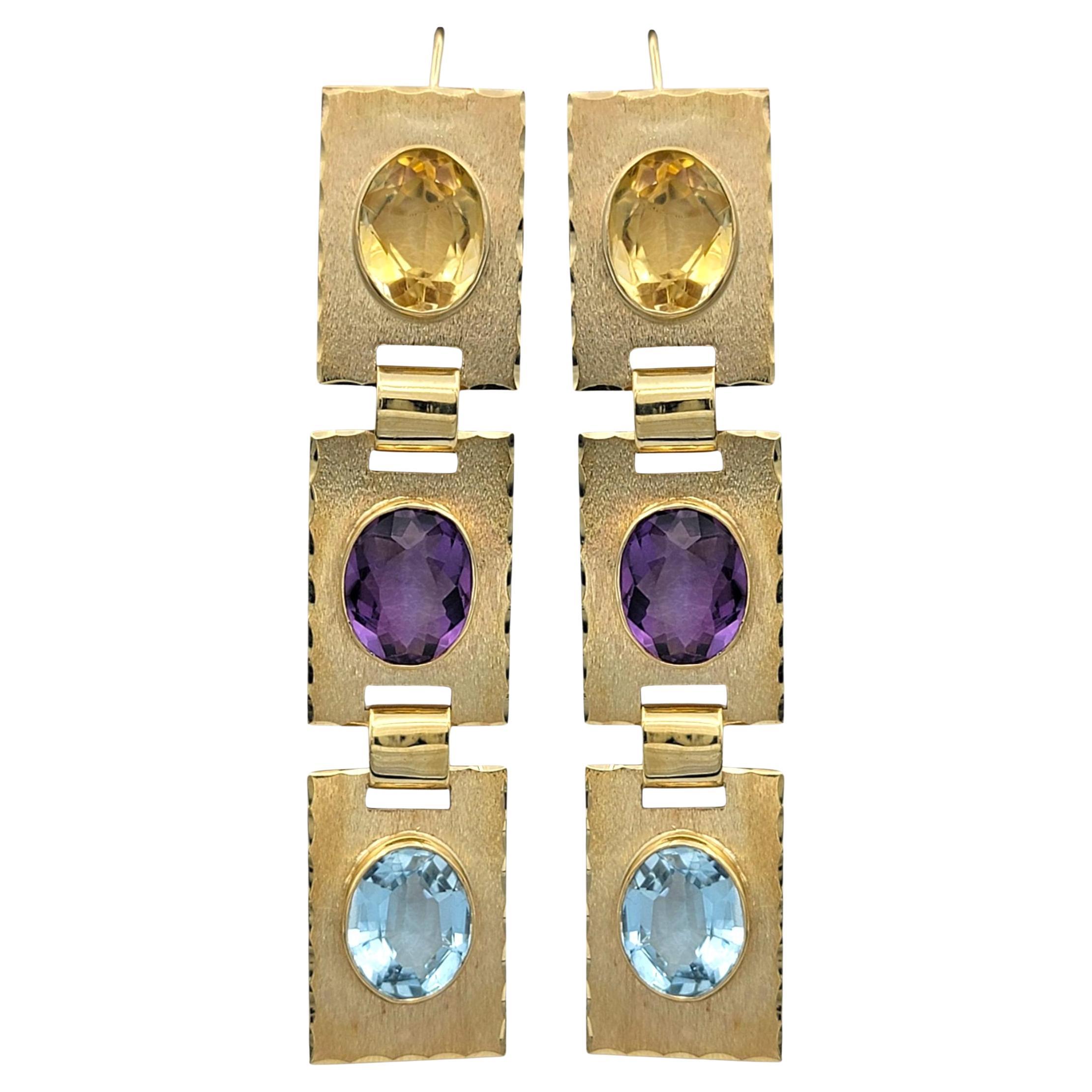 Oval Cut Citrine, Amethyst and Aquamarine Drop Earrings in 14 Karat Yellow Gold