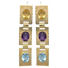 Oval Cut Citrine, Amethyst and Aquamarine Drop Earrings in 14 Karat Yellow Gold