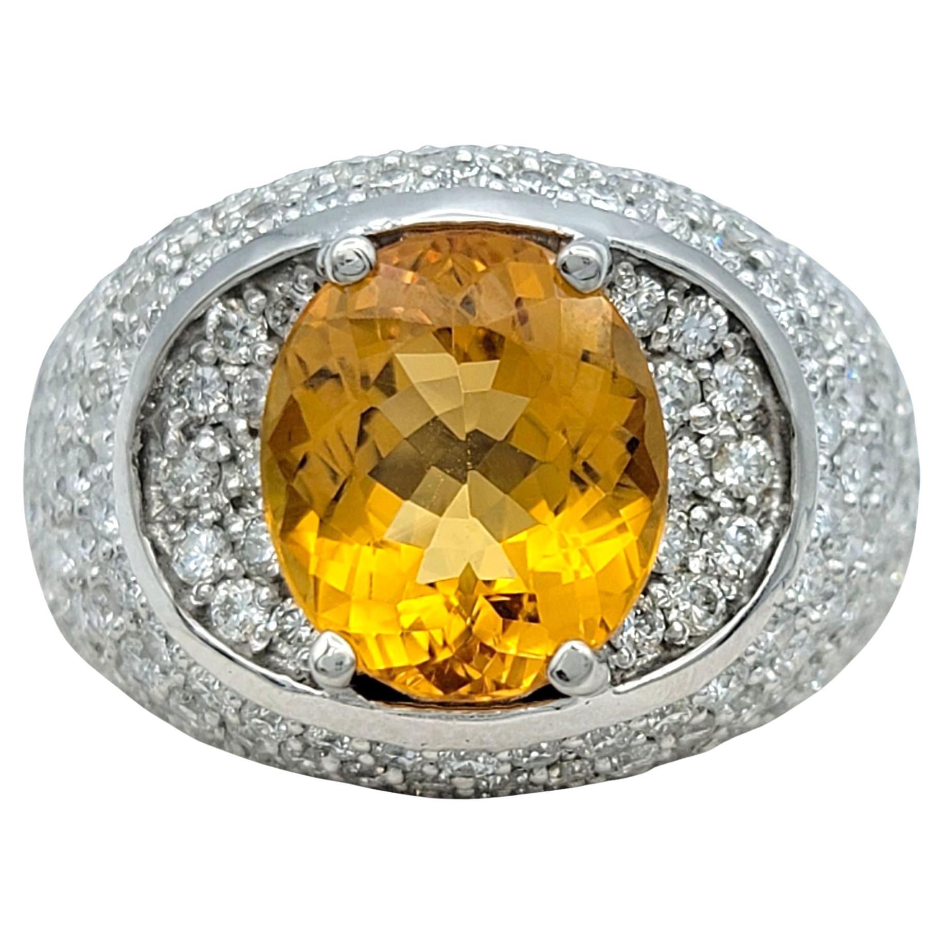 Oval Cut Citrine and Pavé Diamond Dome Cocktail Ring in 14 Karat White Gold