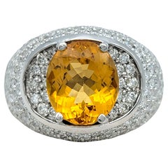 Oval Cut Citrine and Pavé Diamond Dome Cocktail Ring in 14 Karat White Gold