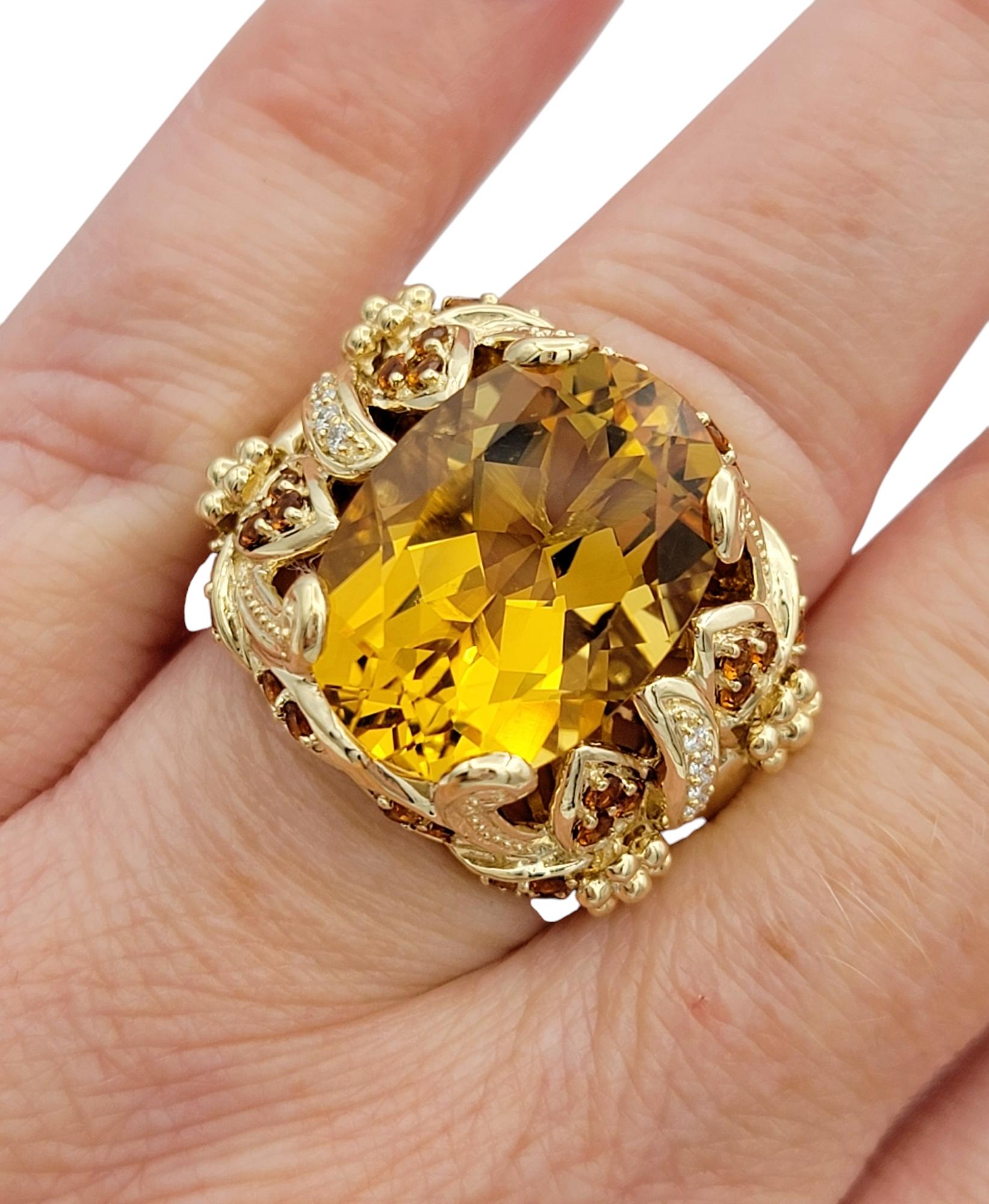 Oval Cut Citrine Wide Textured Cocktail Ring with Diamonds 14 Karat Yellow Gold For Sale 5