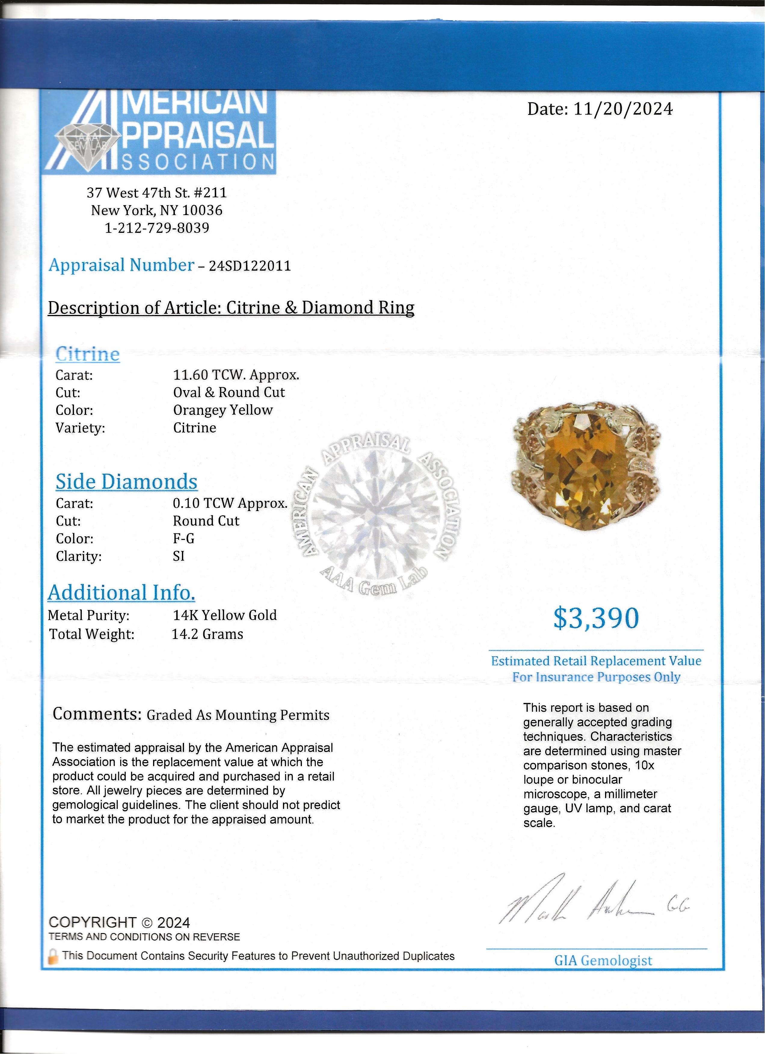Oval Cut Citrine Wide Textured Cocktail Ring with Diamonds 14 Karat Yellow Gold For Sale 6