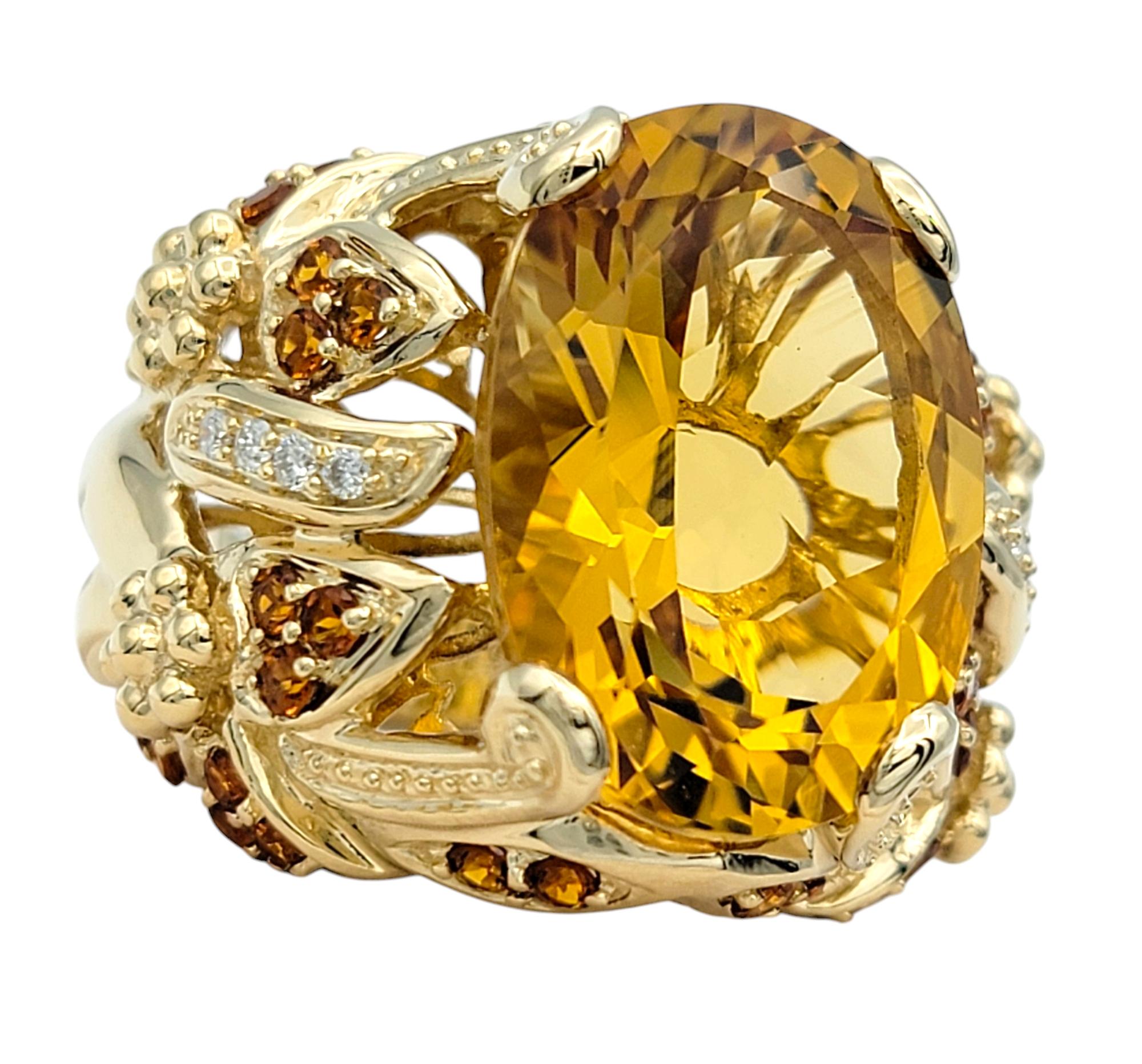 Contemporary Oval Cut Citrine Wide Textured Cocktail Ring with Diamonds 14 Karat Yellow Gold For Sale