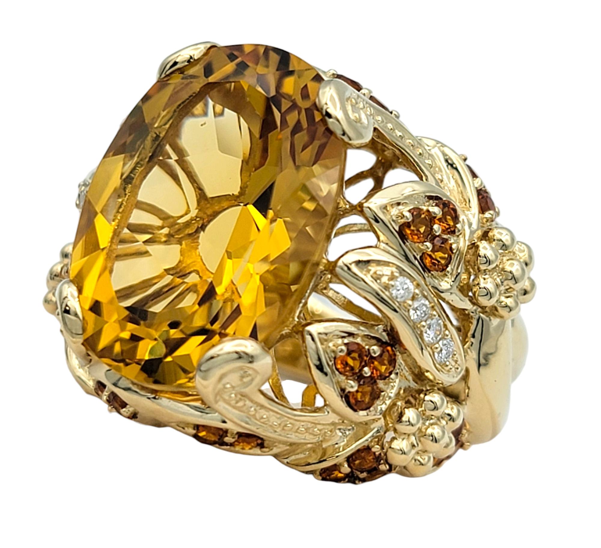 Oval Cut Citrine Wide Textured Cocktail Ring with Diamonds 14 Karat Yellow Gold In Good Condition For Sale In Scottsdale, AZ