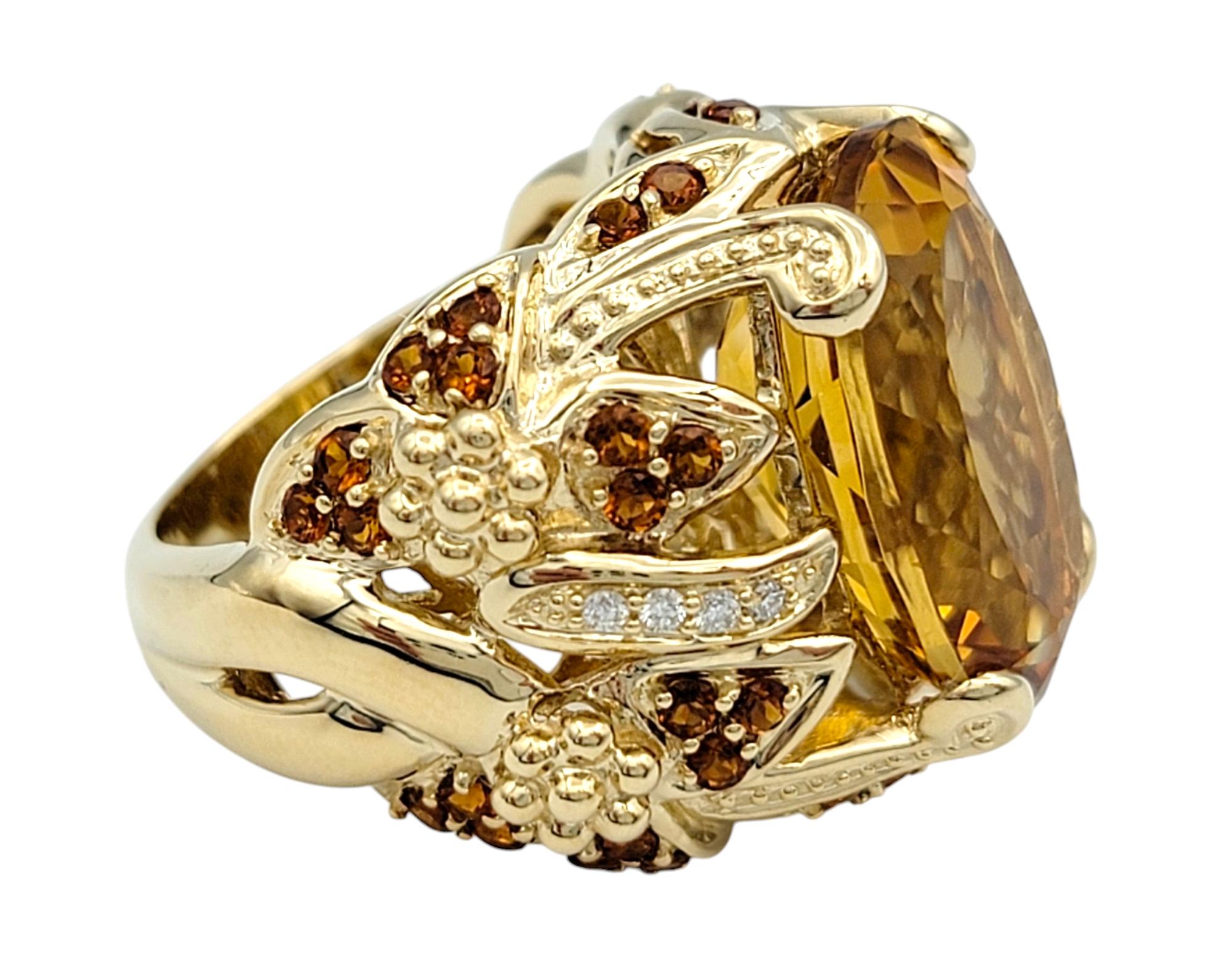 Women's Oval Cut Citrine Wide Textured Cocktail Ring with Diamonds 14 Karat Yellow Gold For Sale