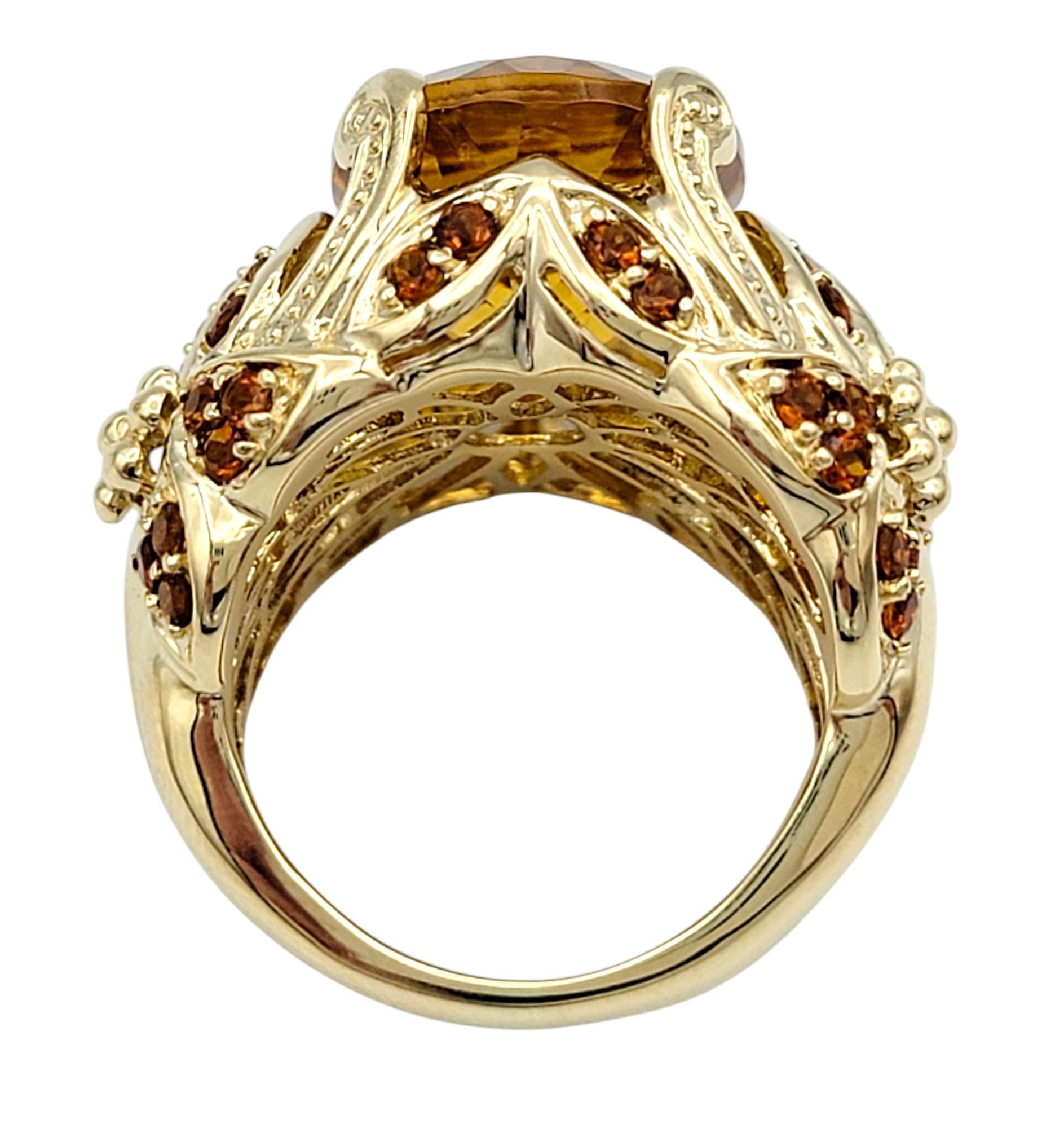 Oval Cut Citrine Wide Textured Cocktail Ring with Diamonds 14 Karat Yellow Gold For Sale 1