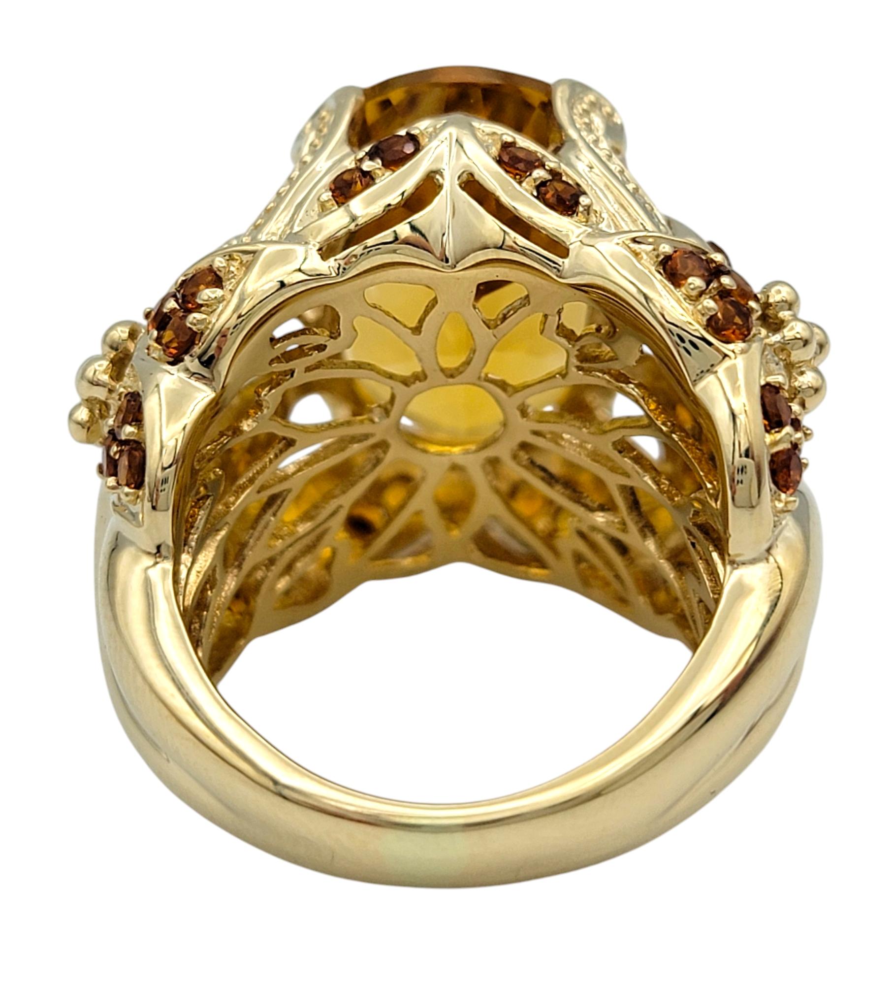 Oval Cut Citrine Wide Textured Cocktail Ring with Diamonds 14 Karat Yellow Gold For Sale 2