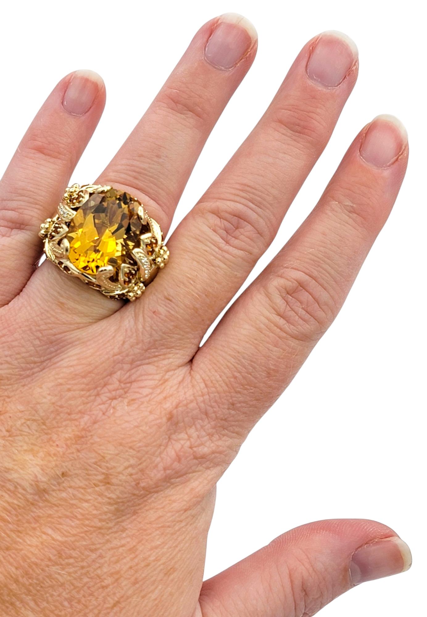 Oval Cut Citrine Wide Textured Cocktail Ring with Diamonds 14 Karat Yellow Gold For Sale 4