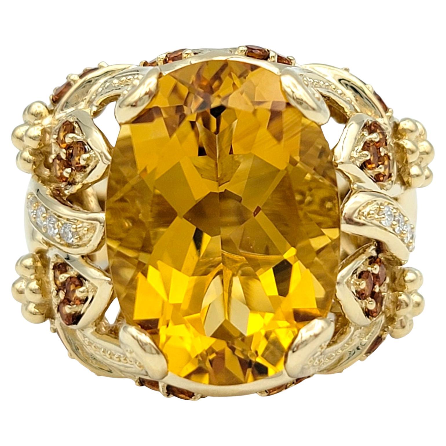 Oval Cut Citrine Wide Textured Cocktail Ring with Diamonds 14 Karat Yellow Gold