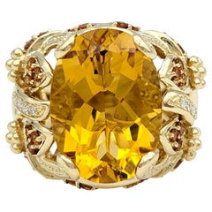 Oval Cut Citrine Wide Textured Cocktail Ring with Diamonds 14 Karat Yellow Gold
