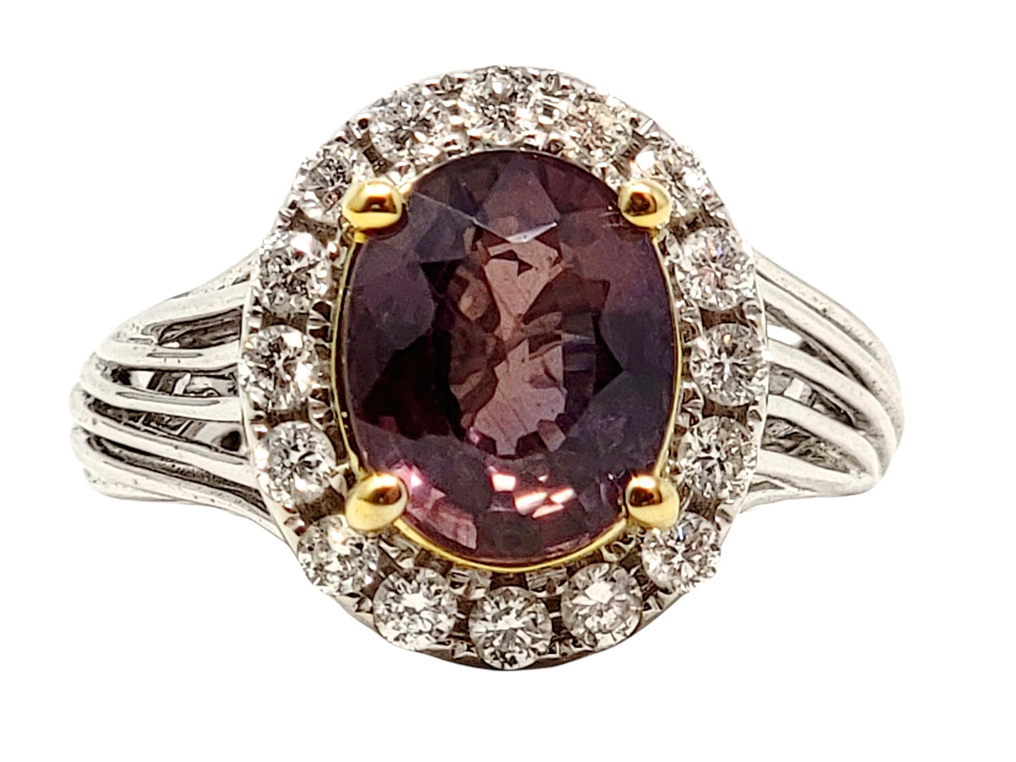 Ring size: 5.75

Gorgeous and unique color-change sapphire and diamond halo ring will light up your finger! The stunning main stone varies in color depending on the light, while the icy natural diamonds shimmer beautifully around it. 

Ring type: