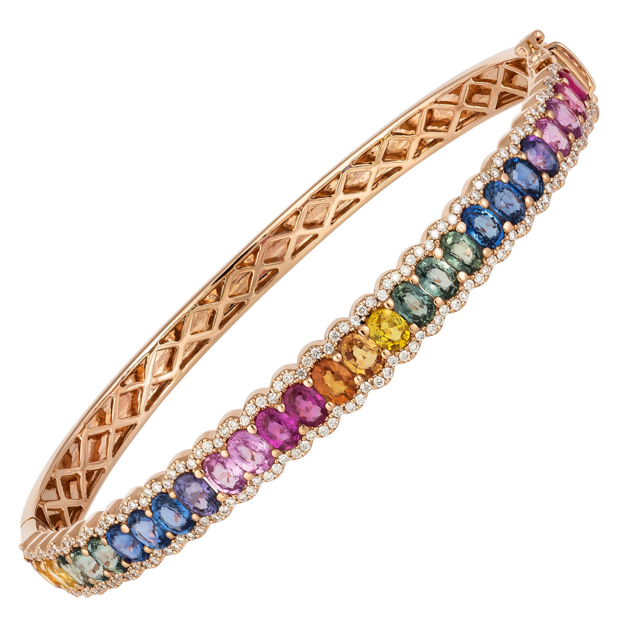 Oval Cut Colourful Sapphire Diamond Modern Bangle Bracelet for Her 18K Rose Gold