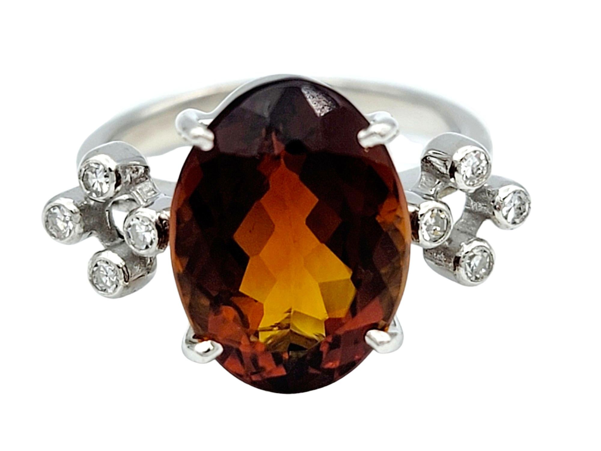Contemporary Oval Cut Dark Citrine and Diamond Cluster Cocktail Ring in 18 Karat White Gold For Sale