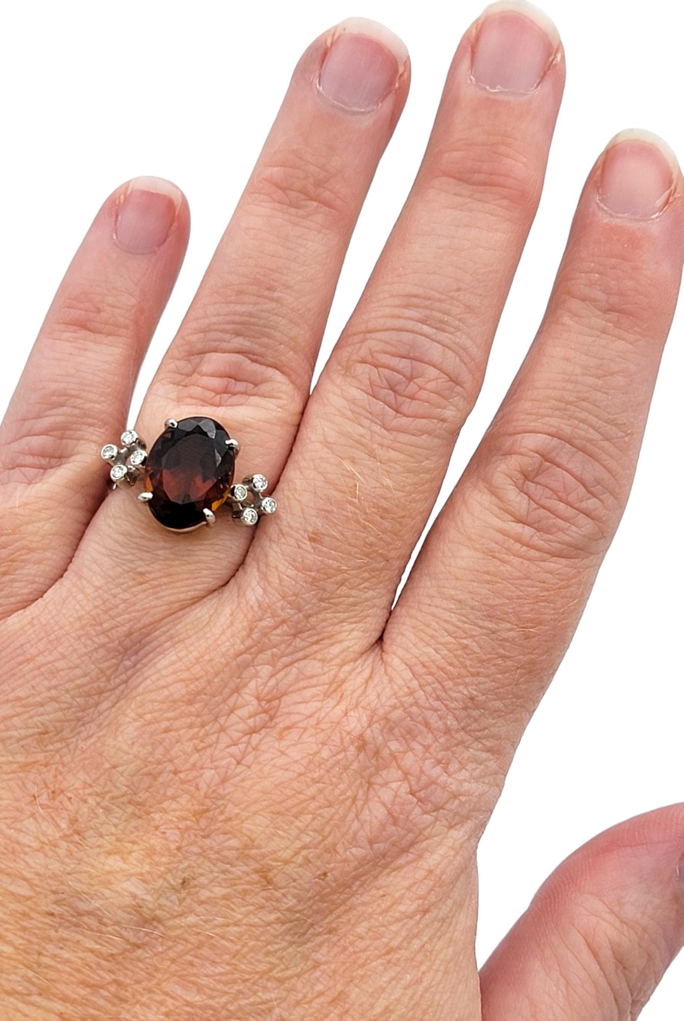 Oval Cut Dark Citrine and Diamond Cluster Cocktail Ring in 18 Karat White Gold For Sale 2