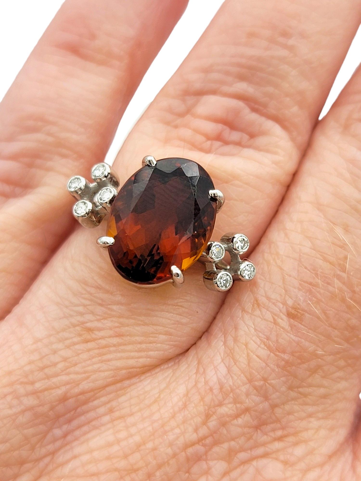 Oval Cut Dark Citrine and Diamond Cluster Cocktail Ring in 18 Karat White Gold For Sale 3