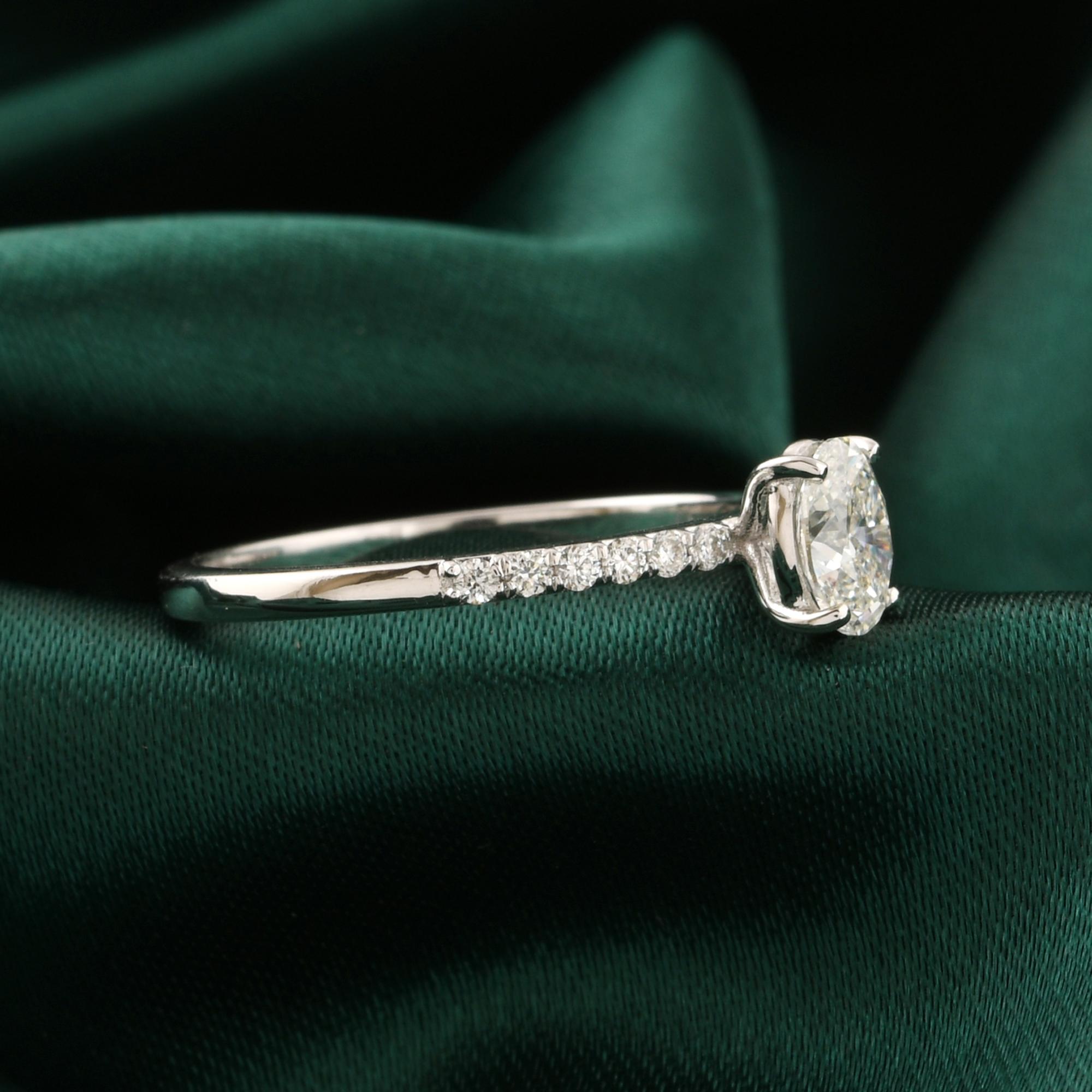 Women's Oval Cut Diamond Solitaire Pave Band Engagement Ring 14K White Gold Jewelry For Sale