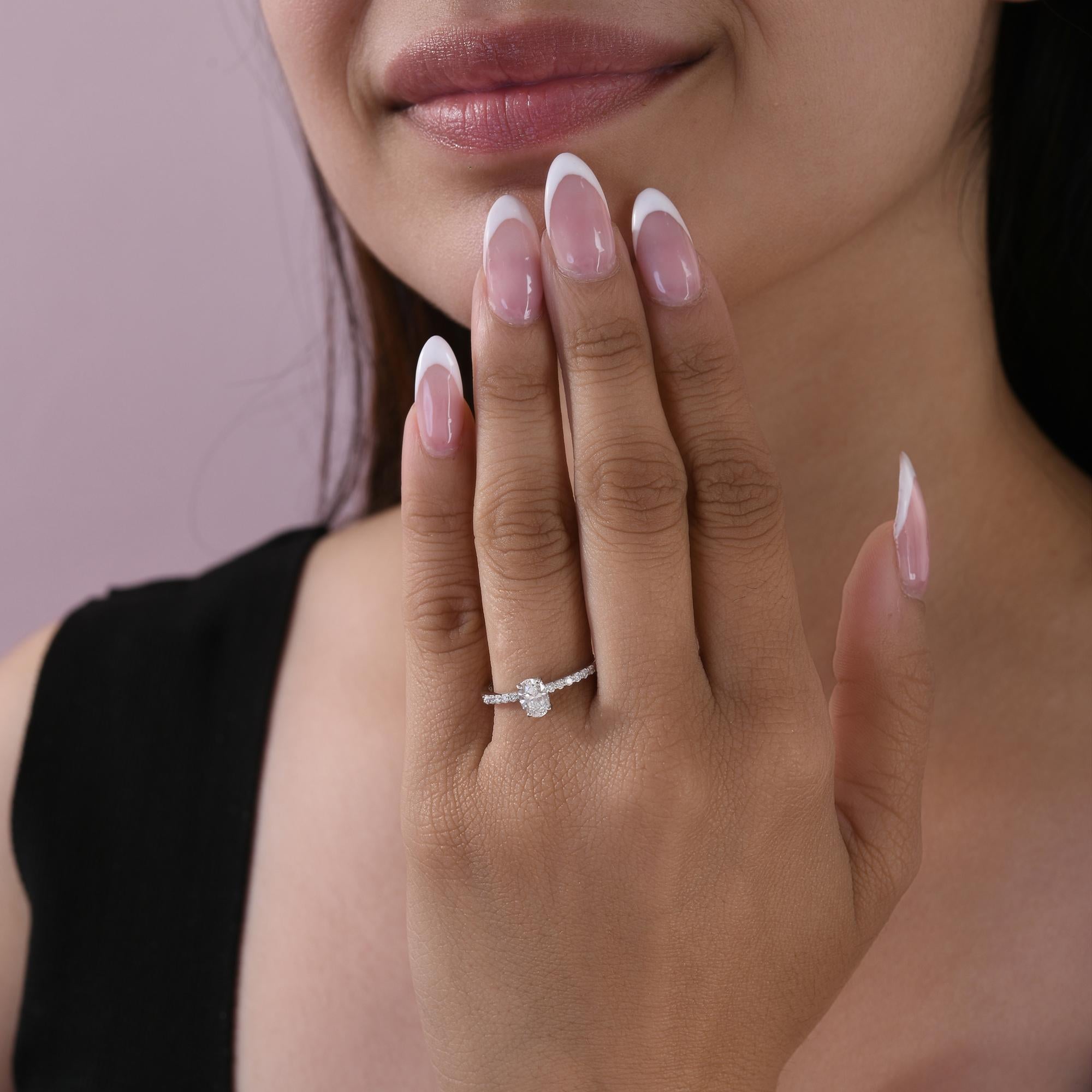 Oval Cut Diamond Solitaire Pave Band Engagement Ring 14K White Gold Jewelry For Sale 2