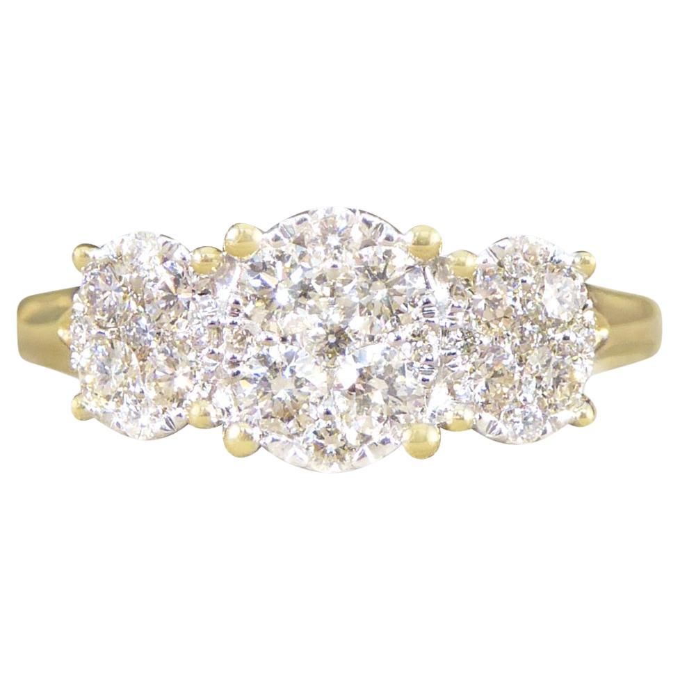 Oval Cut Diamond Three Stone Illusion Cluster Ring in Yellow Gold For Sale