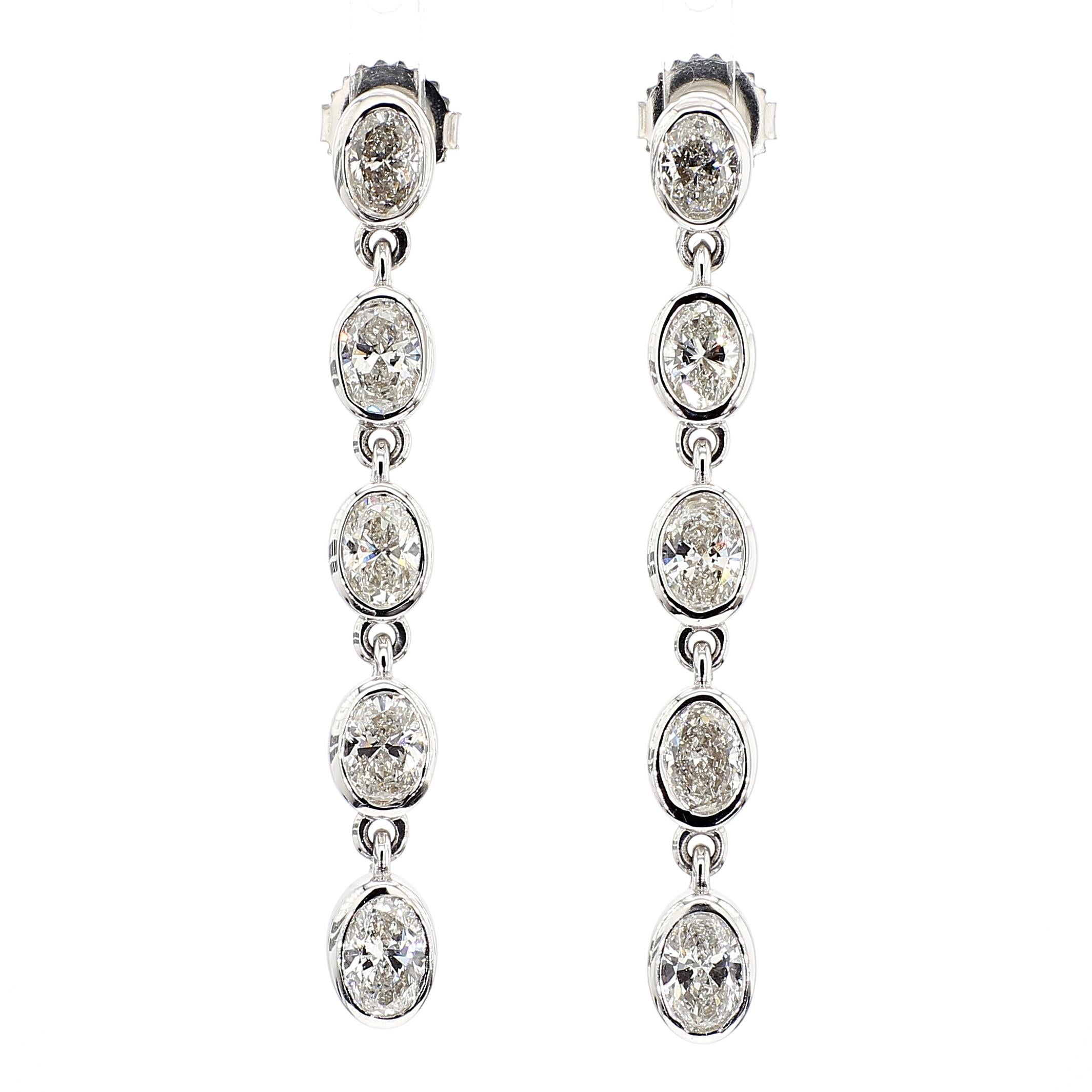 Oval Cut Earrings White Diamond 4.07 Ct Bezel Set Drop 18K White Gold *Natural*