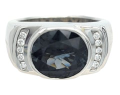 Oval Cut East West Blue-Grey Spinel and Diamond Ring in 14 Karat White Gold