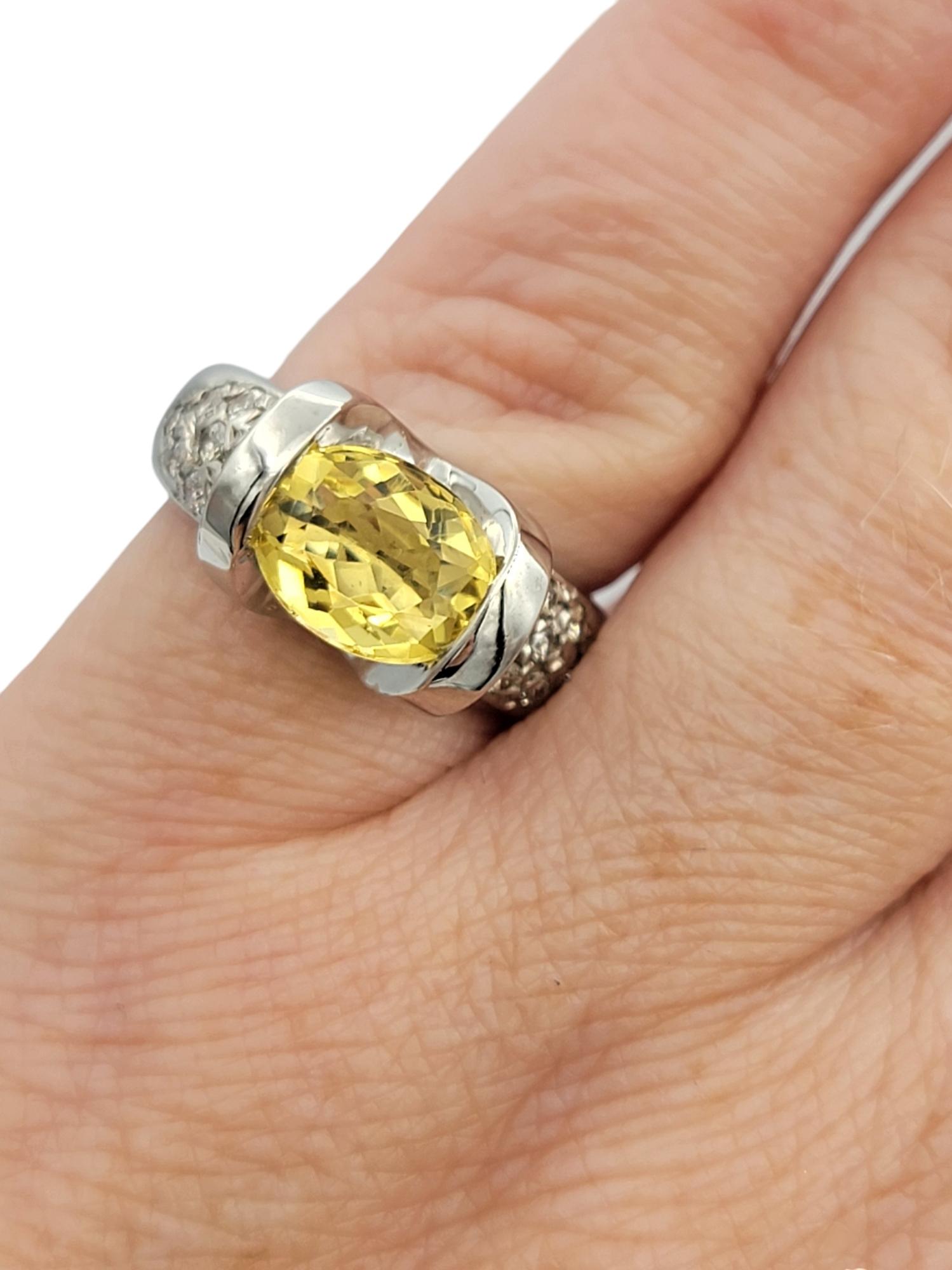 Oval Cut East-West Yellow Beryl and Pavé Diamond Ring in 14 Karat White Gold For Sale 5