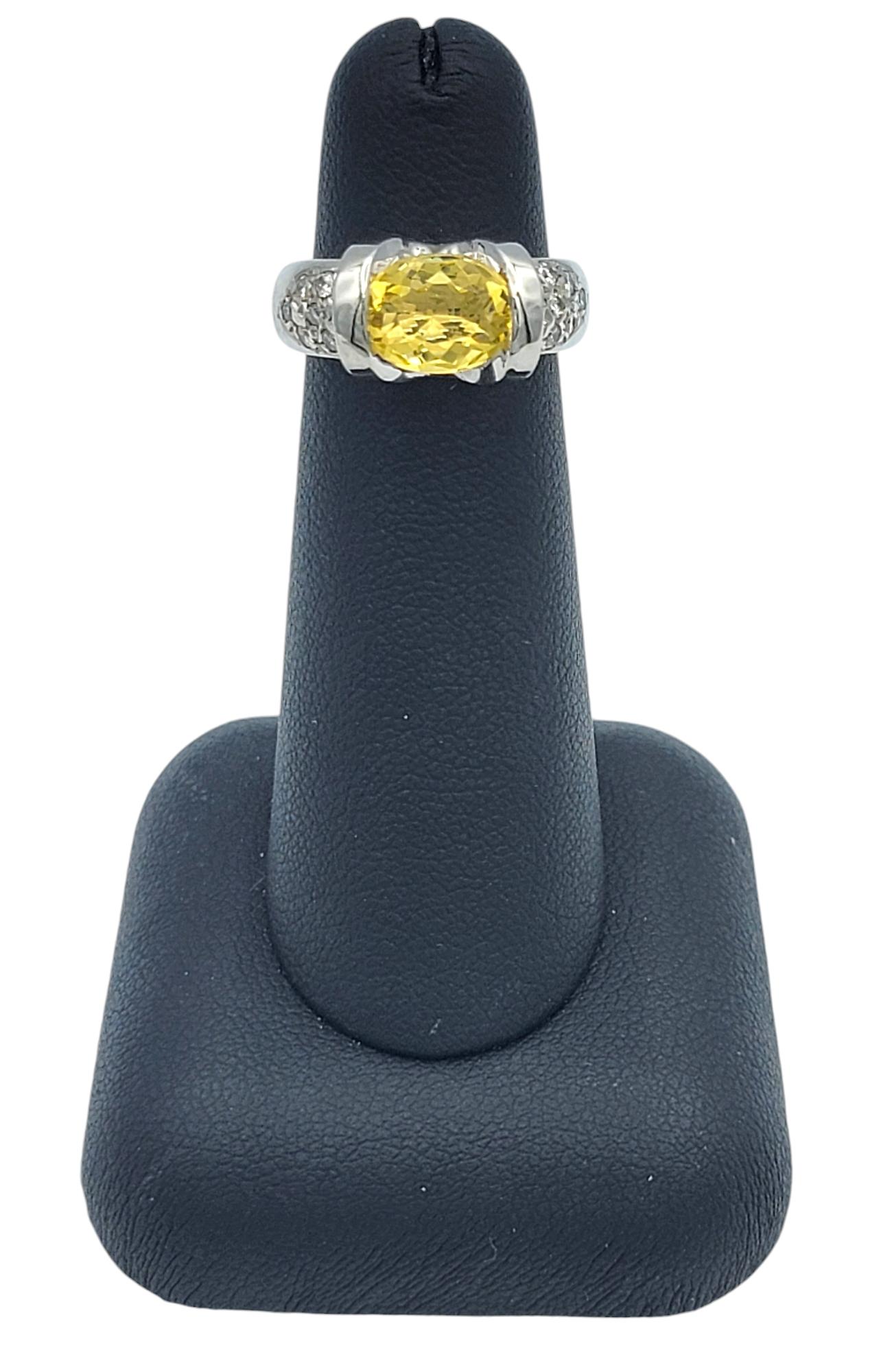 Oval Cut East-West Yellow Beryl and Pavé Diamond Ring in 14 Karat White Gold For Sale 6