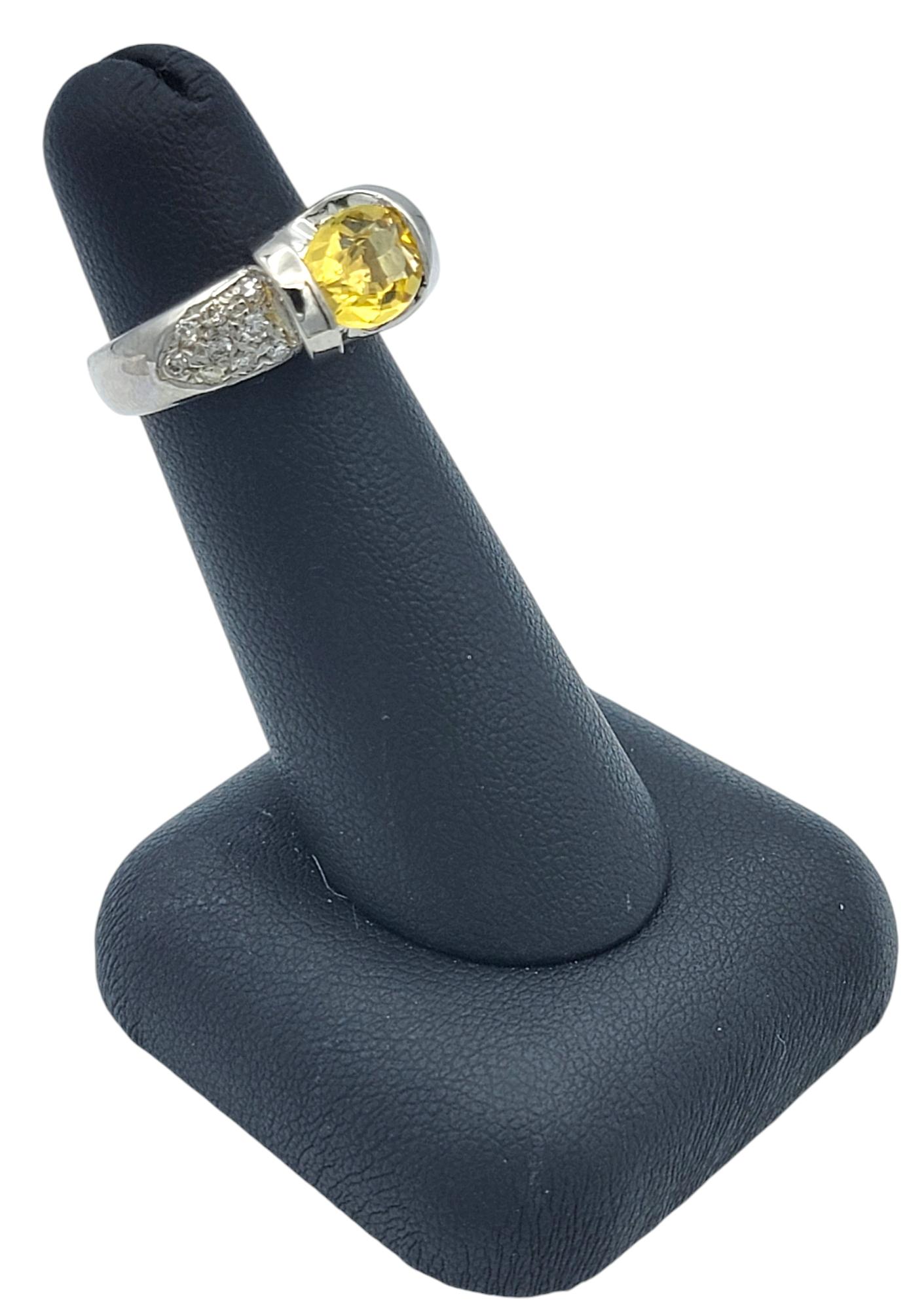 Oval Cut East-West Yellow Beryl and Pavé Diamond Ring in 14 Karat White Gold For Sale 7