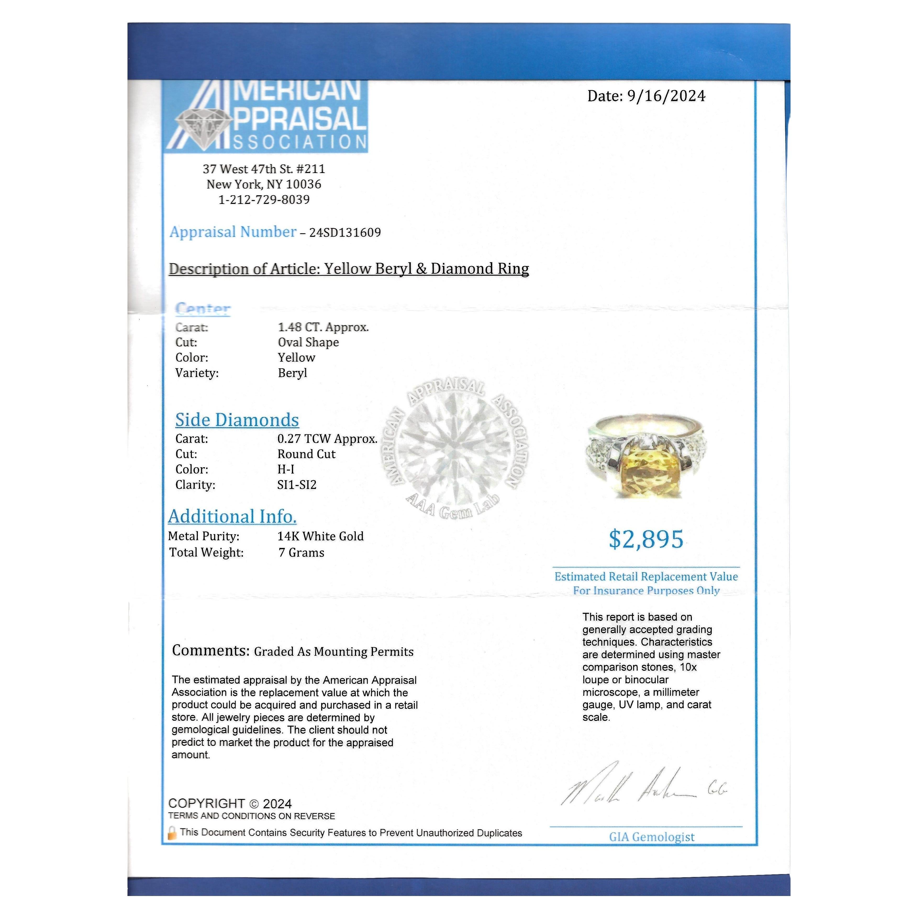 Oval Cut East-West Yellow Beryl and Pavé Diamond Ring in 14 Karat White Gold For Sale 8
