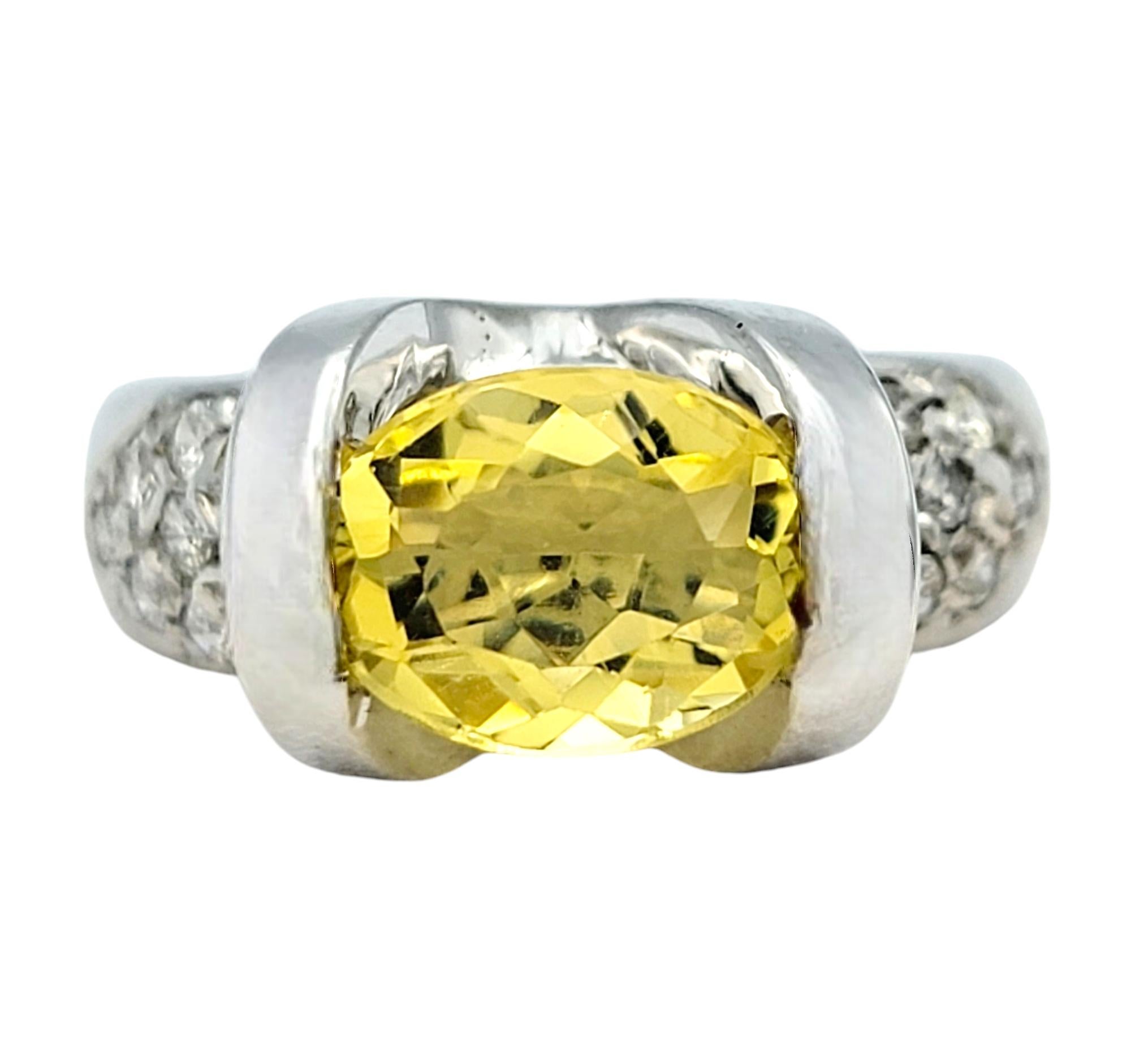 Oval Cut East-West Yellow Beryl and Pavé Diamond Ring in 14 Karat White Gold In Good Condition For Sale In Scottsdale, AZ