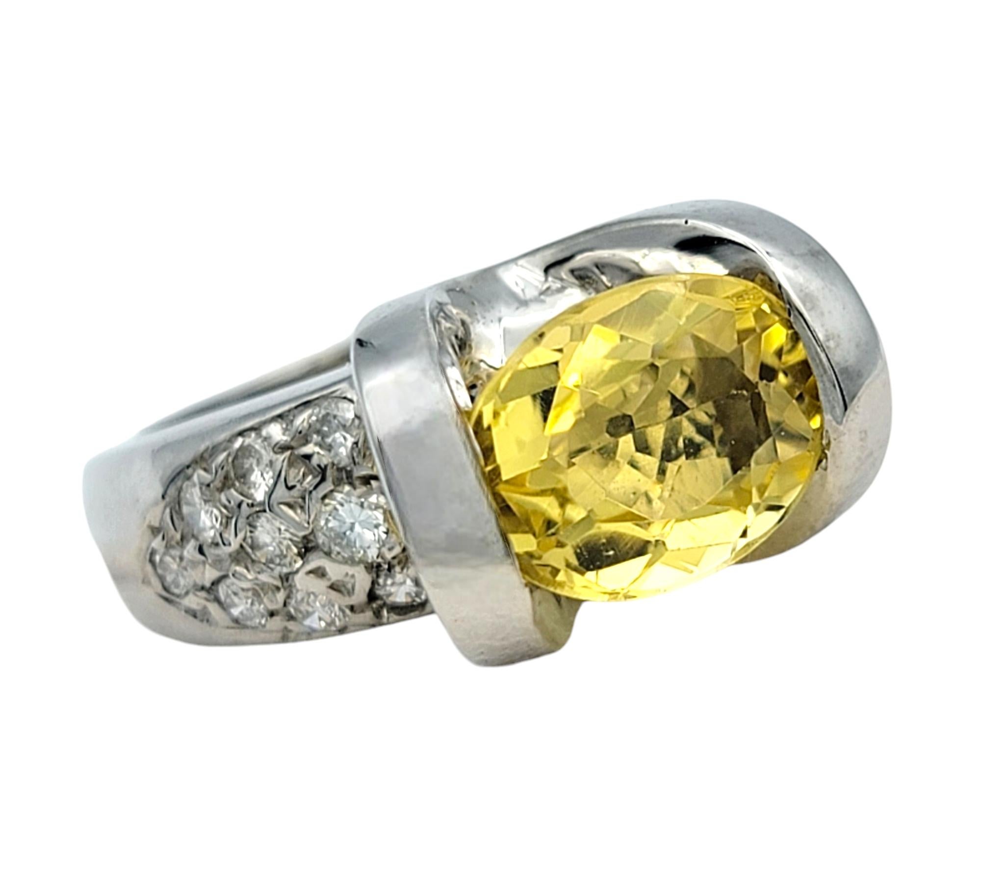Women's Oval Cut East-West Yellow Beryl and Pavé Diamond Ring in 14 Karat White Gold For Sale