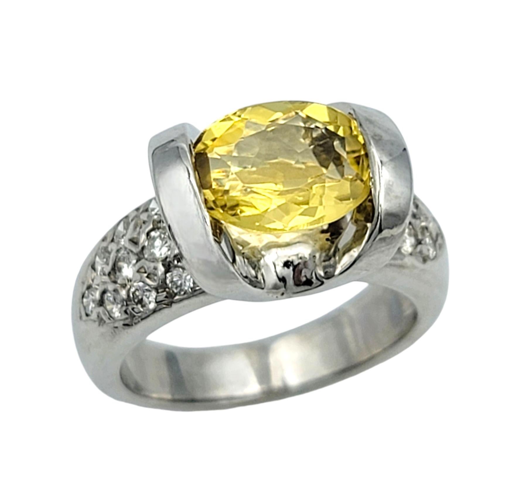 Oval Cut East-West Yellow Beryl and Pavé Diamond Ring in 14 Karat White Gold For Sale 1