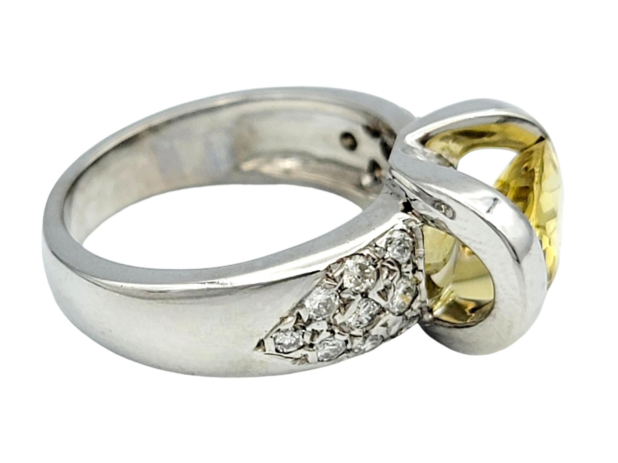 Oval Cut East-West Yellow Beryl and Pavé Diamond Ring in 14 Karat White Gold For Sale 2