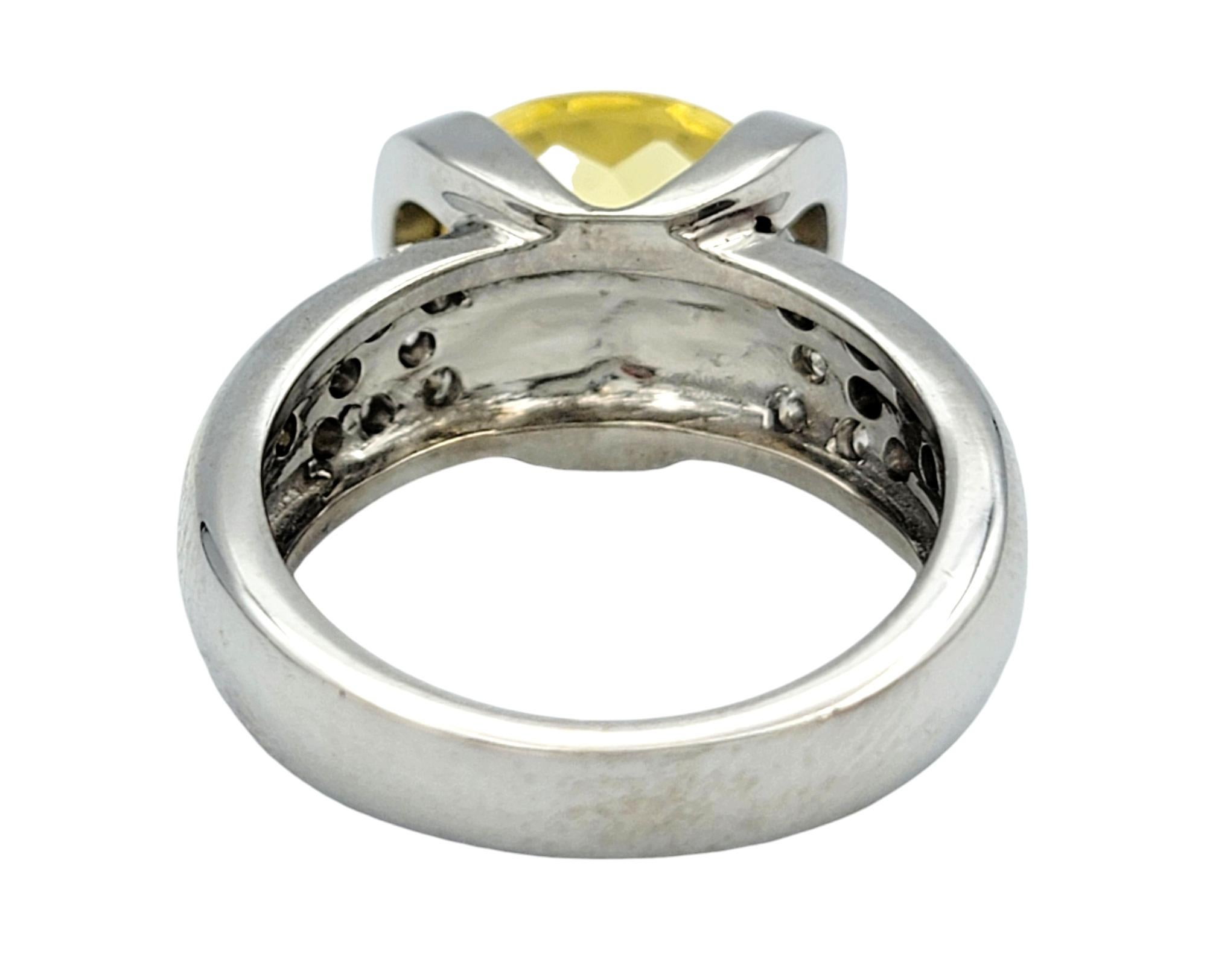 Oval Cut East-West Yellow Beryl and Pavé Diamond Ring in 14 Karat White Gold For Sale 3