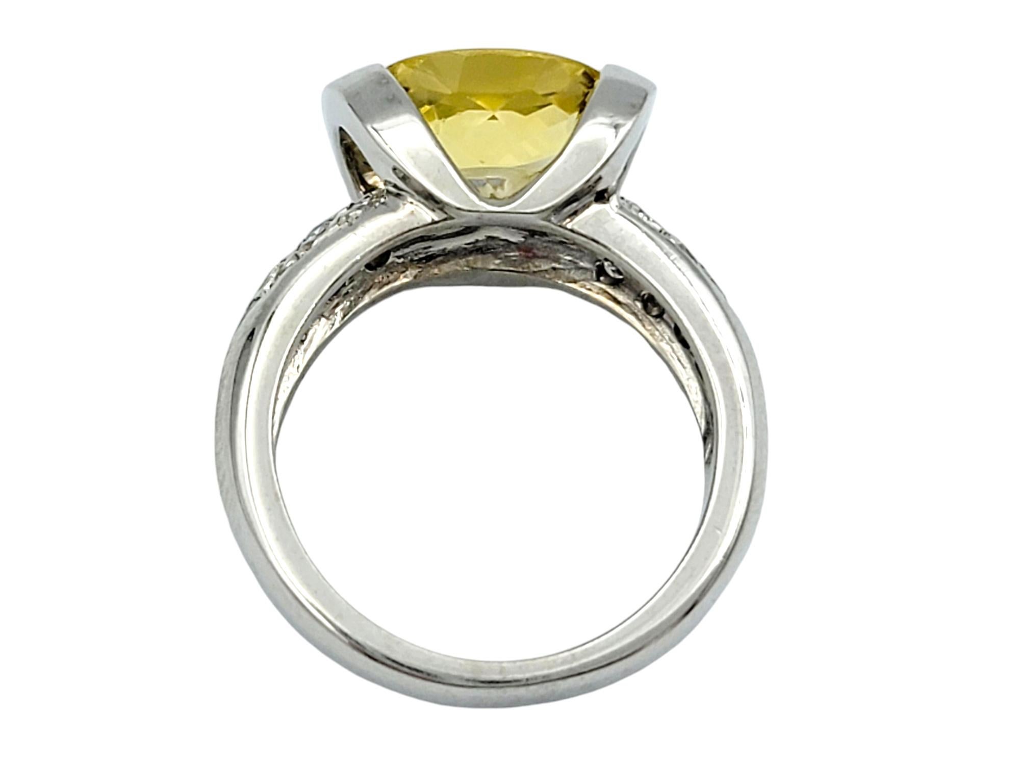 Oval Cut East-West Yellow Beryl and Pavé Diamond Ring in 14 Karat White Gold For Sale 4