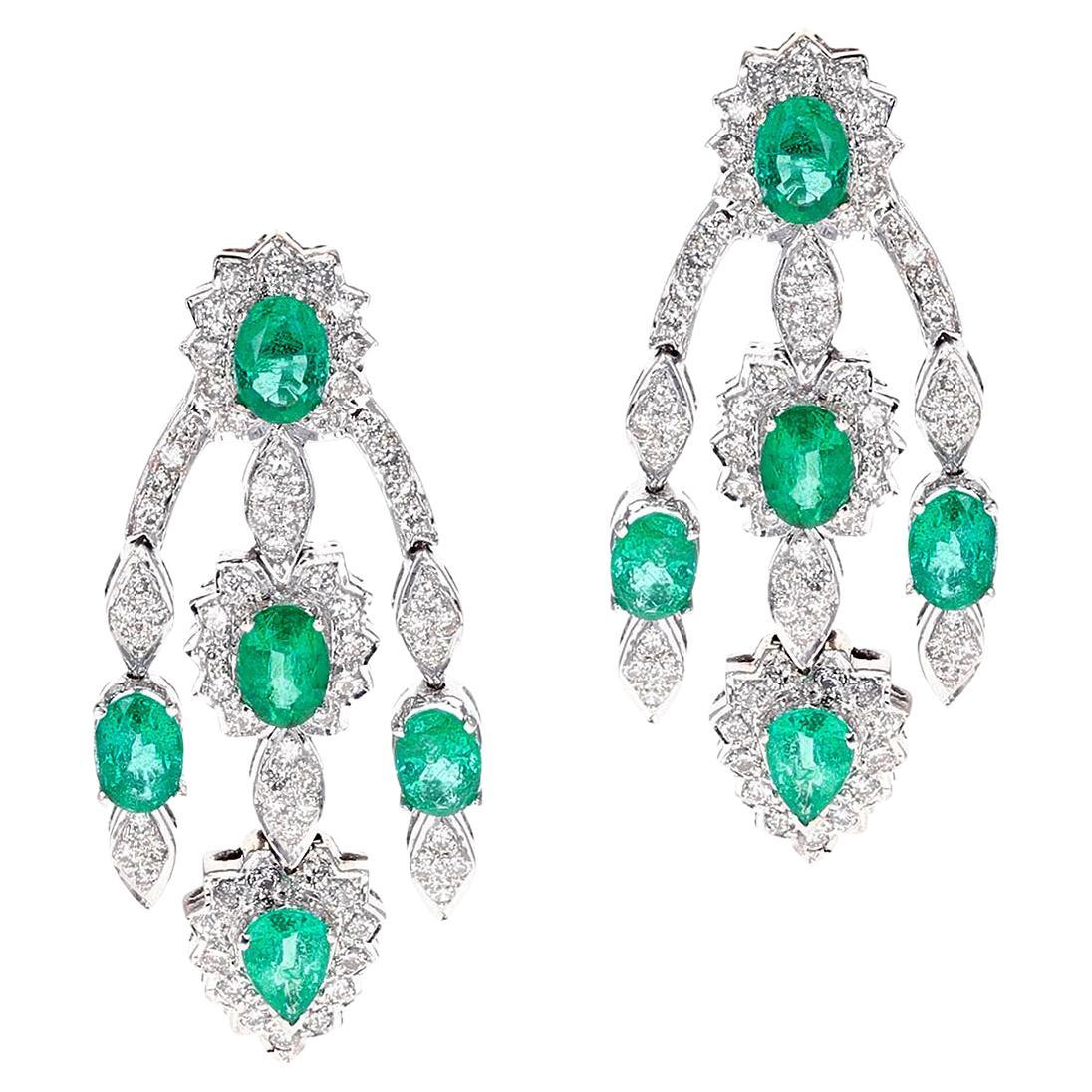 Oval-Cut Emerald and Diamond Chandelier Dangle Earrings, French Marks