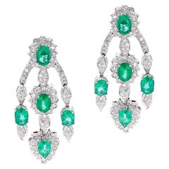Vintage Oval-Cut Emerald and Diamond Chandelier Dangle Earrings, French Marks