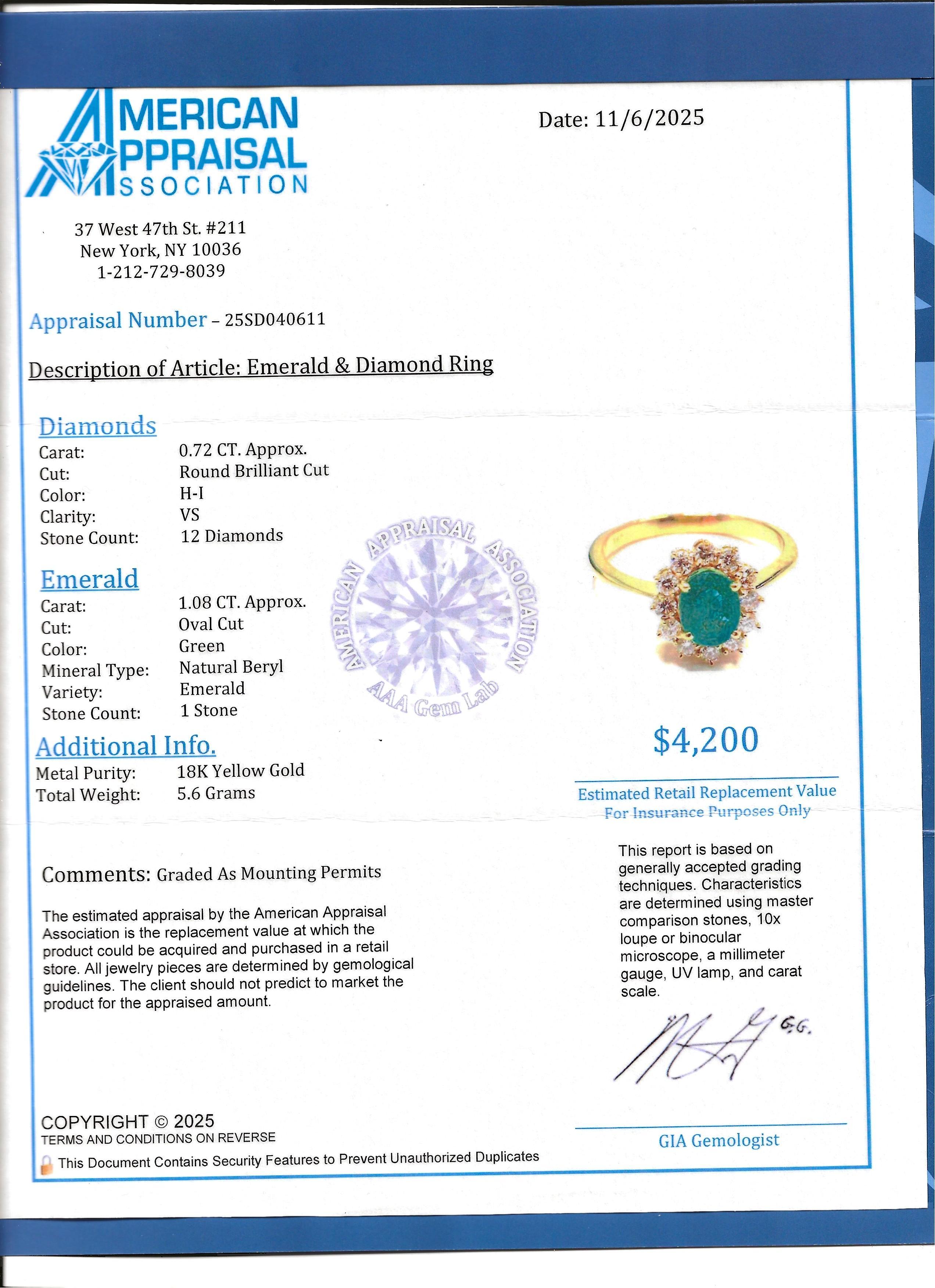 Cocktailring mit ovalem Smaragd und Diamant-Halo aus 18 Karat Gelbgold im Angebot 6