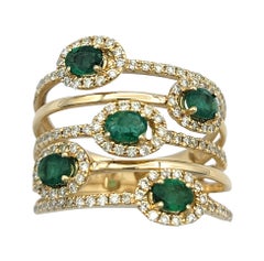 Oval Cut Emerald and Diamond Halo Multi Row Band Ring in 14 Karat Yellow Gold