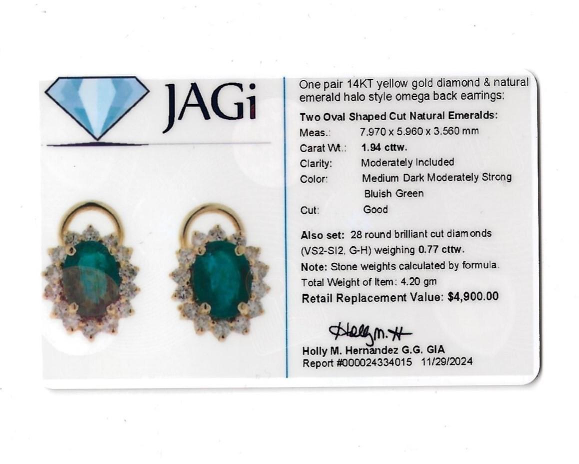 Oval Cut Emerald and Diamond Halo Stud Earrings in Polished 14 Karat Yellow Gold For Sale 7