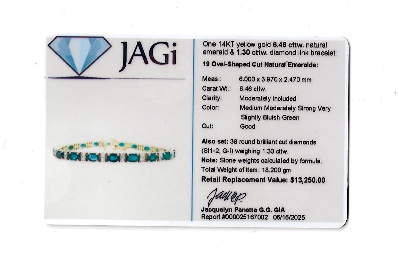 Pulsera de esmeraldas talla oval y eslabones de diamantes en oro amarillo pulido de 14 quilates en venta 4