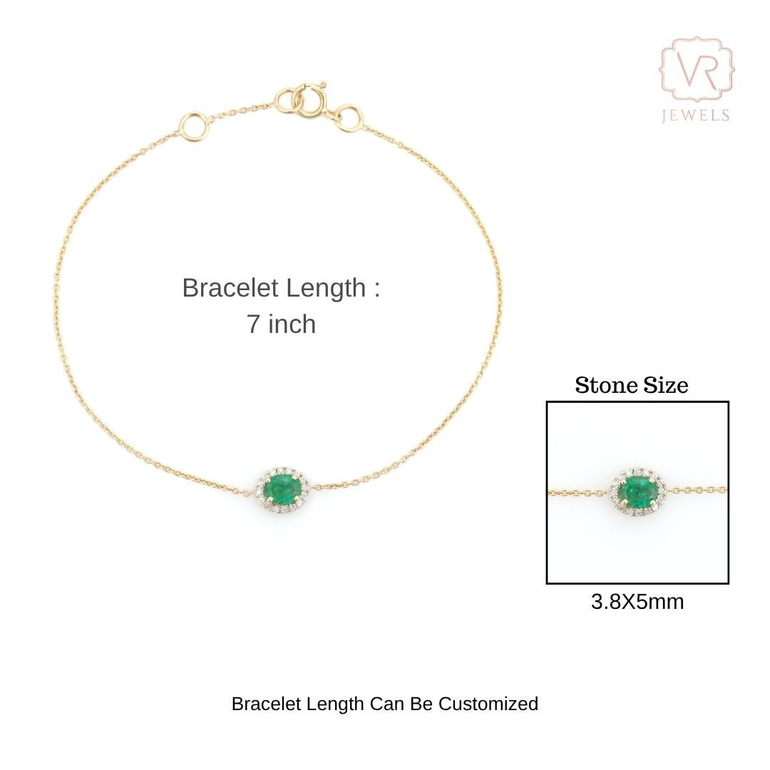 Bracelet en or jaune 14K avec émeraude de taille ovale et halo de diamants en vente 8