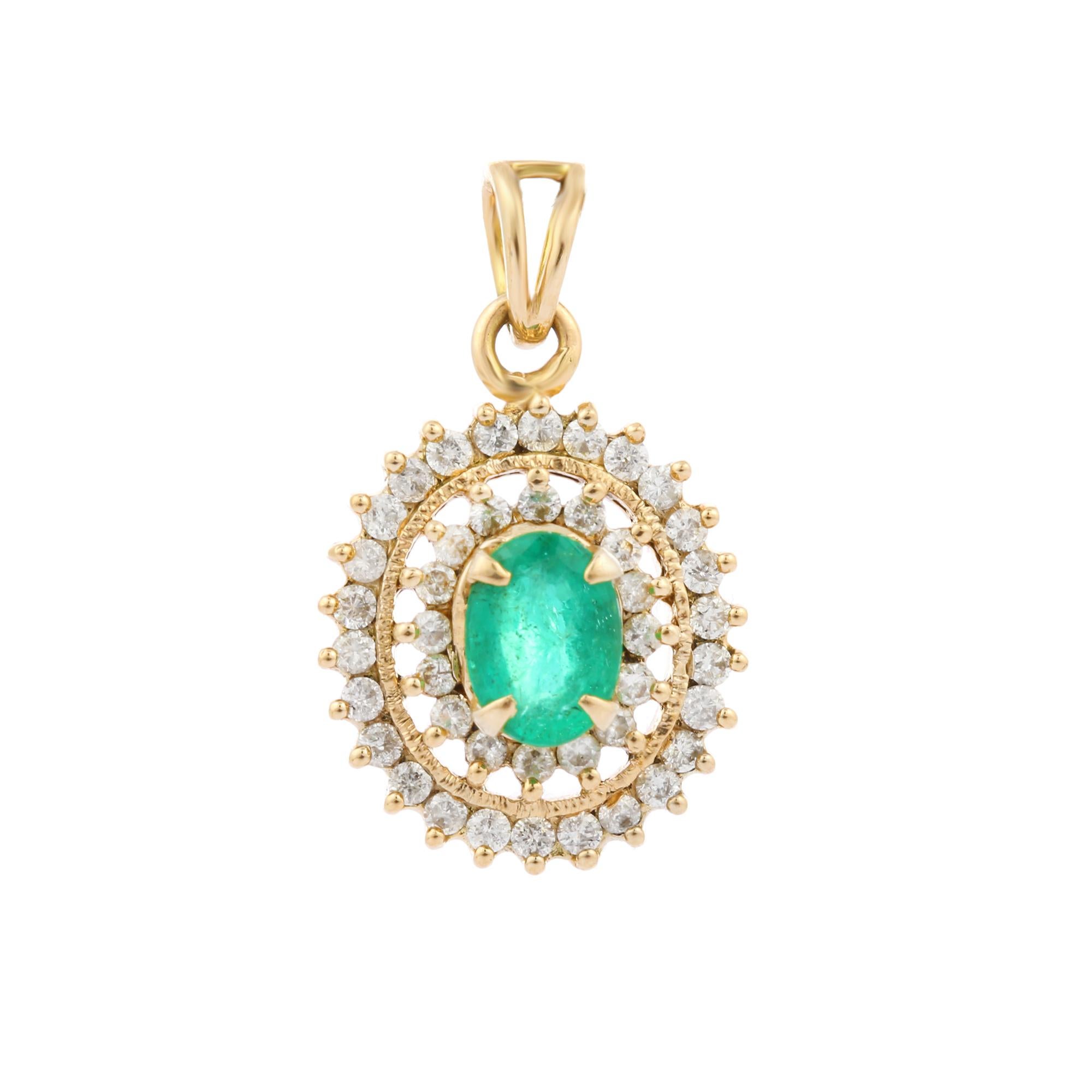 Art Deco Oval Cut Emerald and Halo Diamond Pendant Necklace in 14K Yellow Gold For Sale