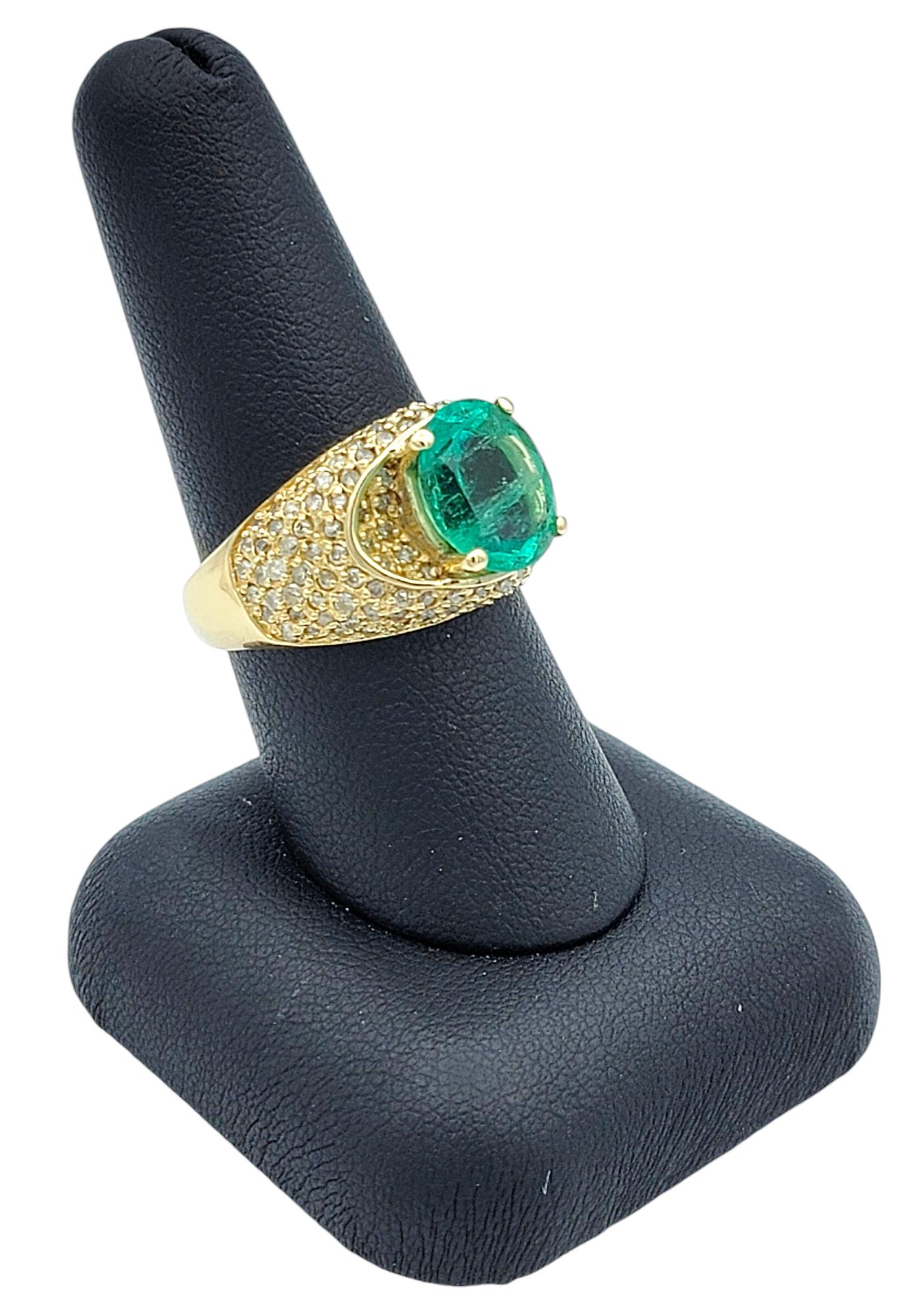 Oval Cut Emerald and Pave Diamond Domed Band Ring in 14 Karat Yellow Gold For Sale 5