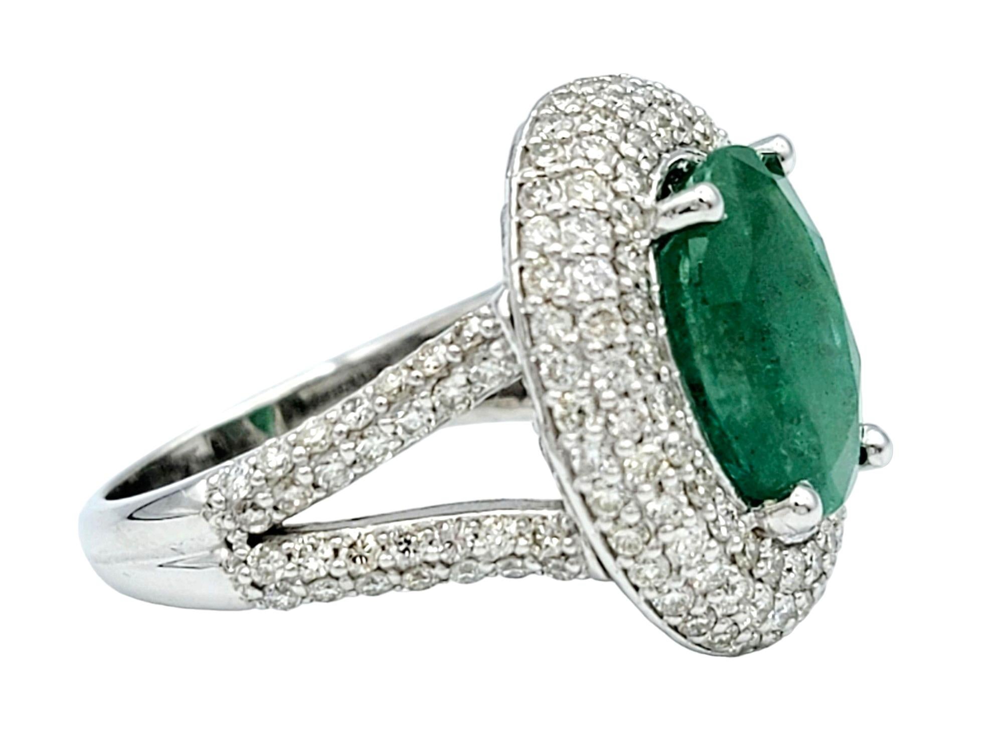 Oval Cut Emerald and Pavé Diamond Double Halo Cocktail Ring 14 Karat White Gold In Good Condition For Sale In Scottsdale, AZ