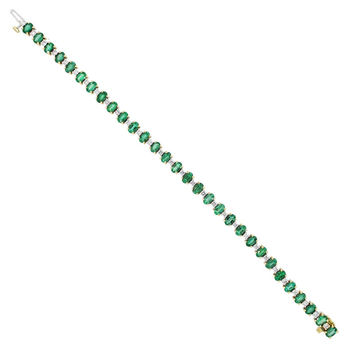 Material: 18k two tone gold
Diamond Details: Approximately 1.23 of round brilliant diamonds. Diamonds are G/H in color and VS in clarity.
Gemstone Details: Approximately 6.79 of oval cut Emerald gemstones
Clasp: Tongue in box clasp
Measurements: