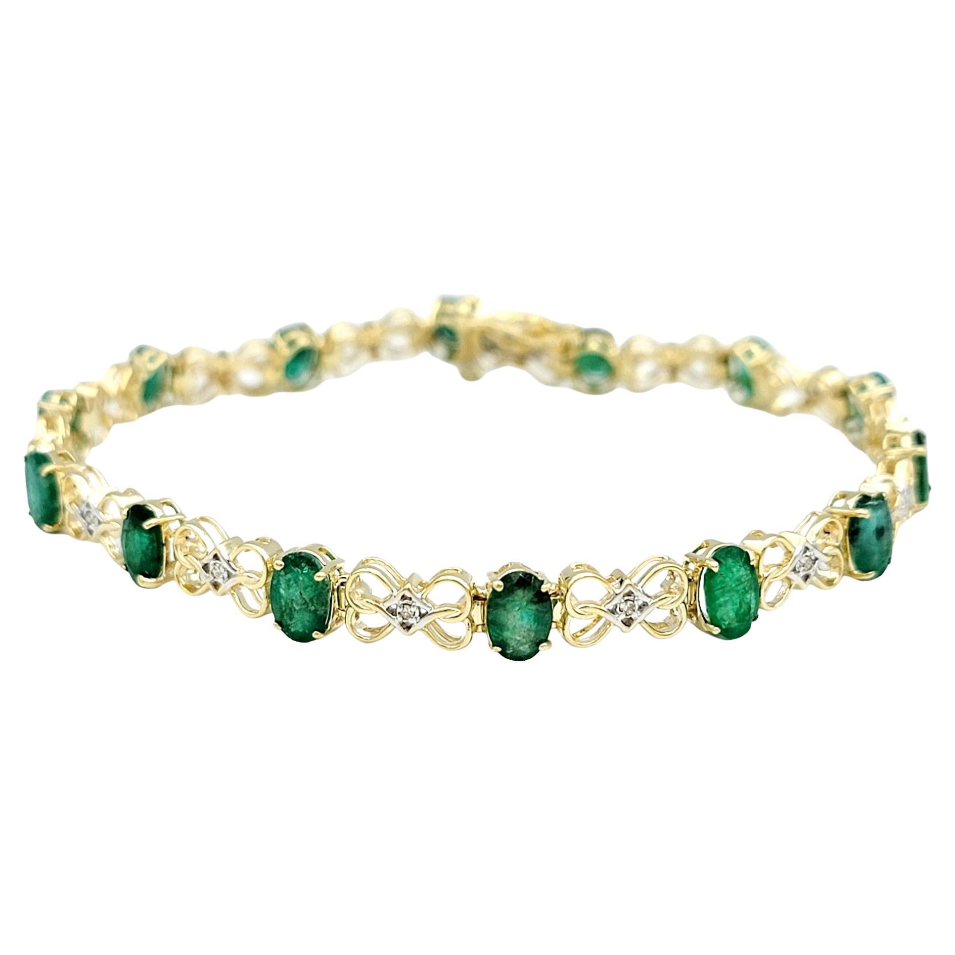 Oval Cut Emerald and Round Diamond Tennis Bracelet Set in Two-Tone 14 Karat Gold For Sale